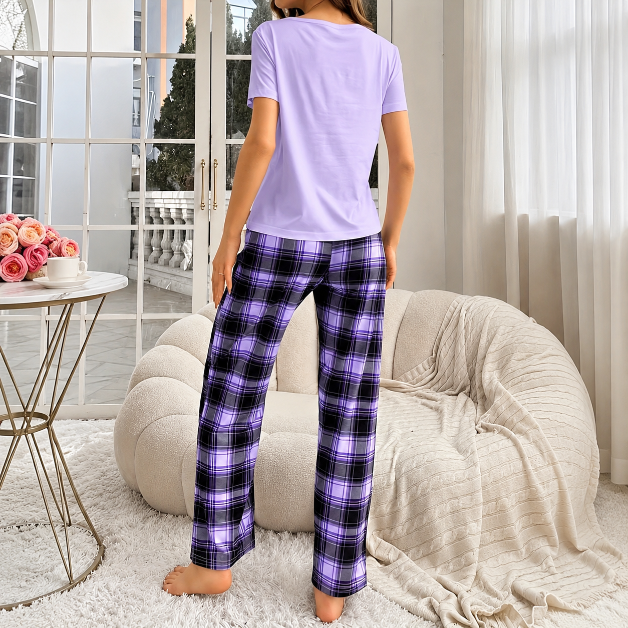 Casual Plaid Contrast Short Sleeve Comfy Pajama Set