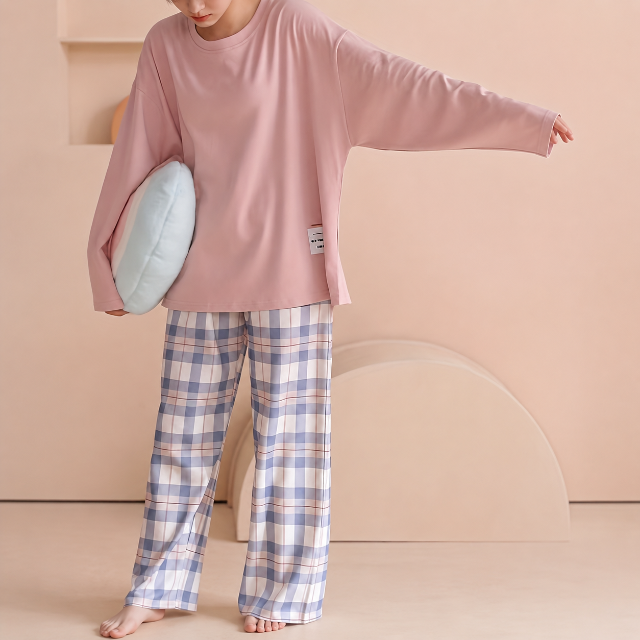 Comfortable Plaid Long Sleeve Pajama Set For Women
