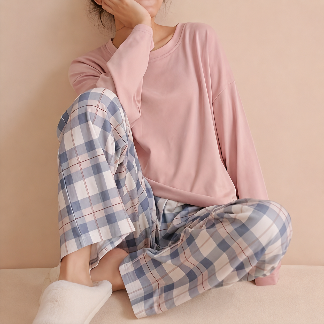 Comfortable Plaid Long Sleeve Pajama Set For Women