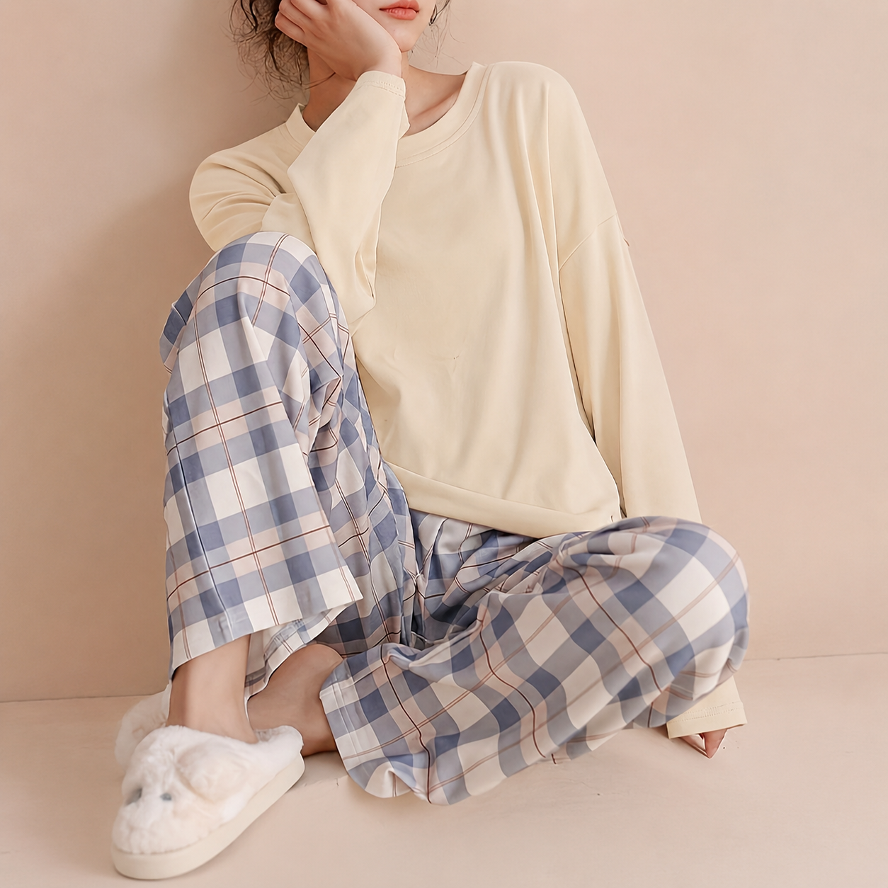 Comfortable Plaid Long Sleeve Pajama Set For Women