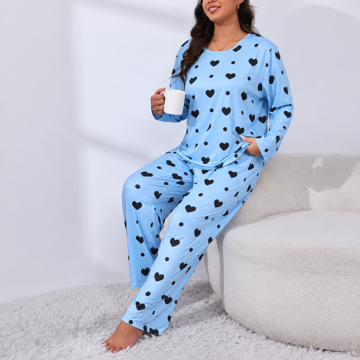 Plus Size Printed 2 Pieces Long Sleeve Tee And Pants Loungewear Set For Women 