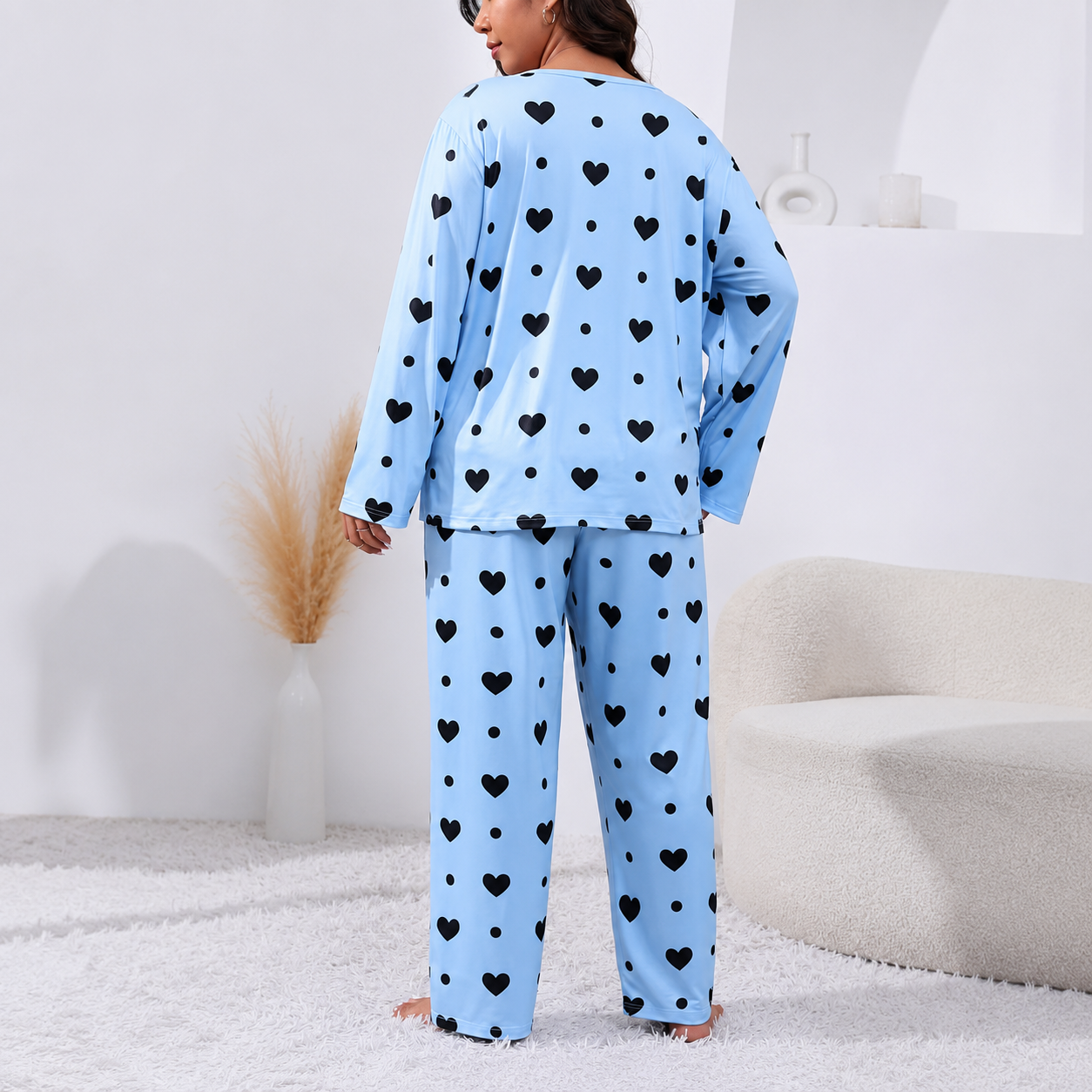 Plus Size Printed 2 Pieces Long Sleeve Tee And Pants Loungewear Set For Women 