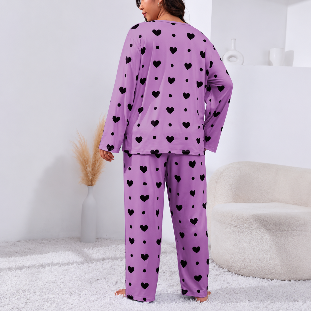 Plus Size Printed 2 Pieces Long Sleeve Tee And Pants Loungewear Set For Women 