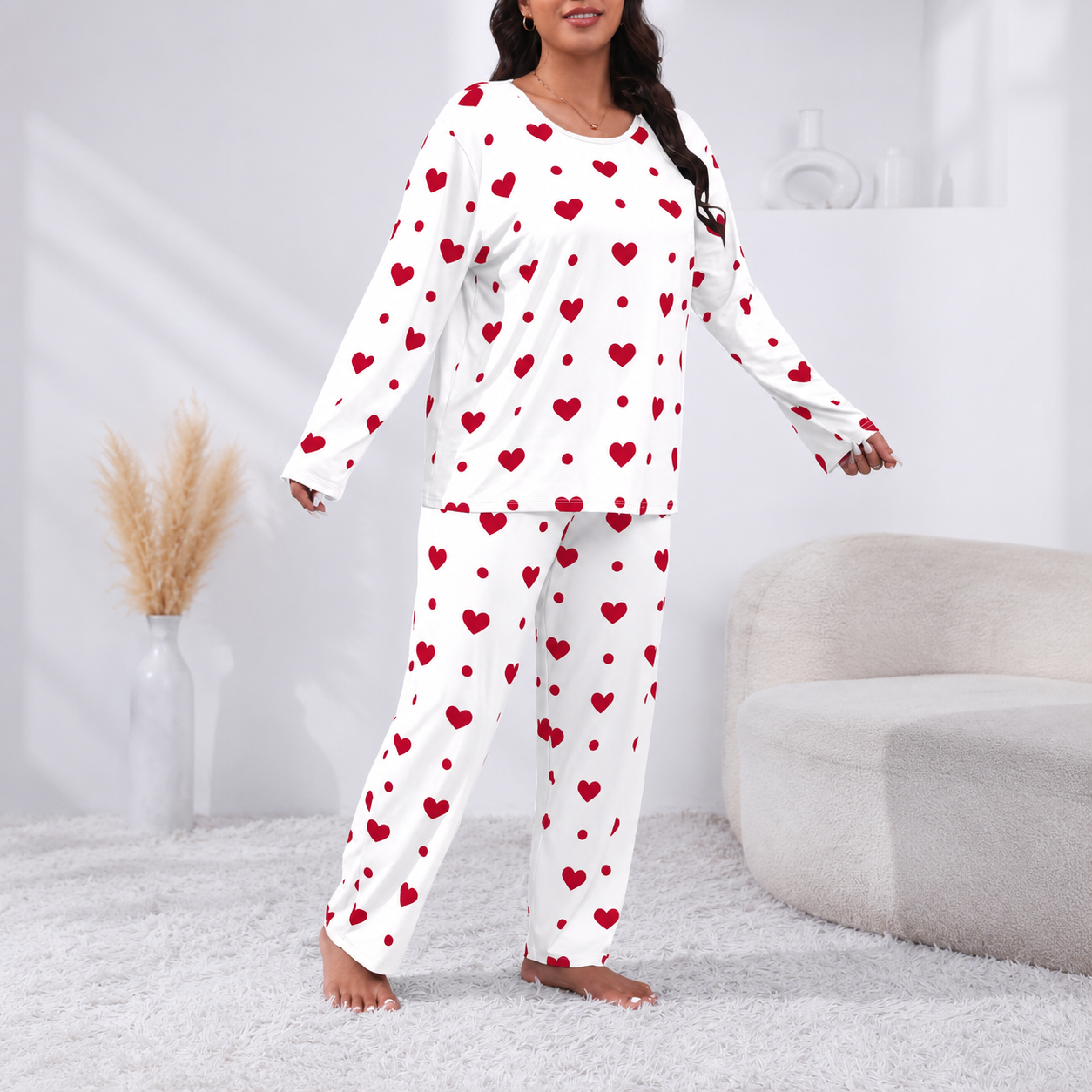 Plus Size Printed 2 Pieces Long Sleeve Tee And Pants Loungewear Set For Women 