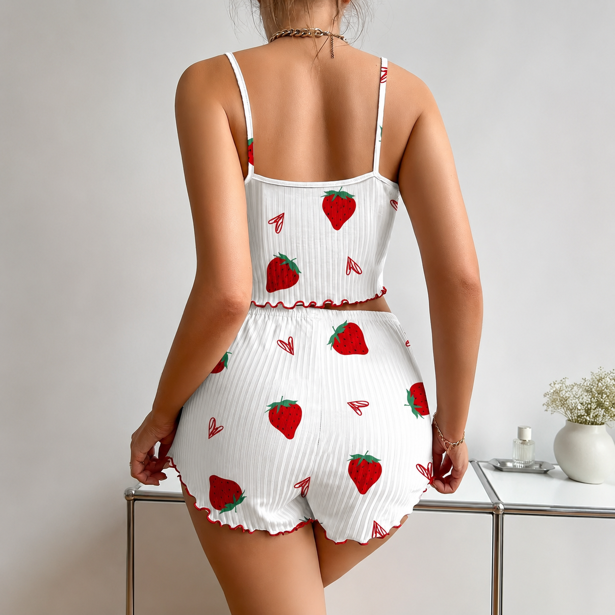 Strawberry Print Frill Trim 2 Pieces Crop Cami Top And Shorts Set For Women