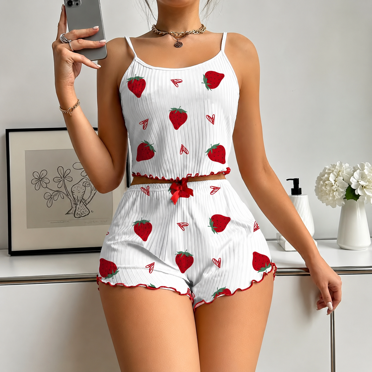 Strawberry Print Frill Trim 2 Pieces Crop Cami Top And Shorts Set For Women
