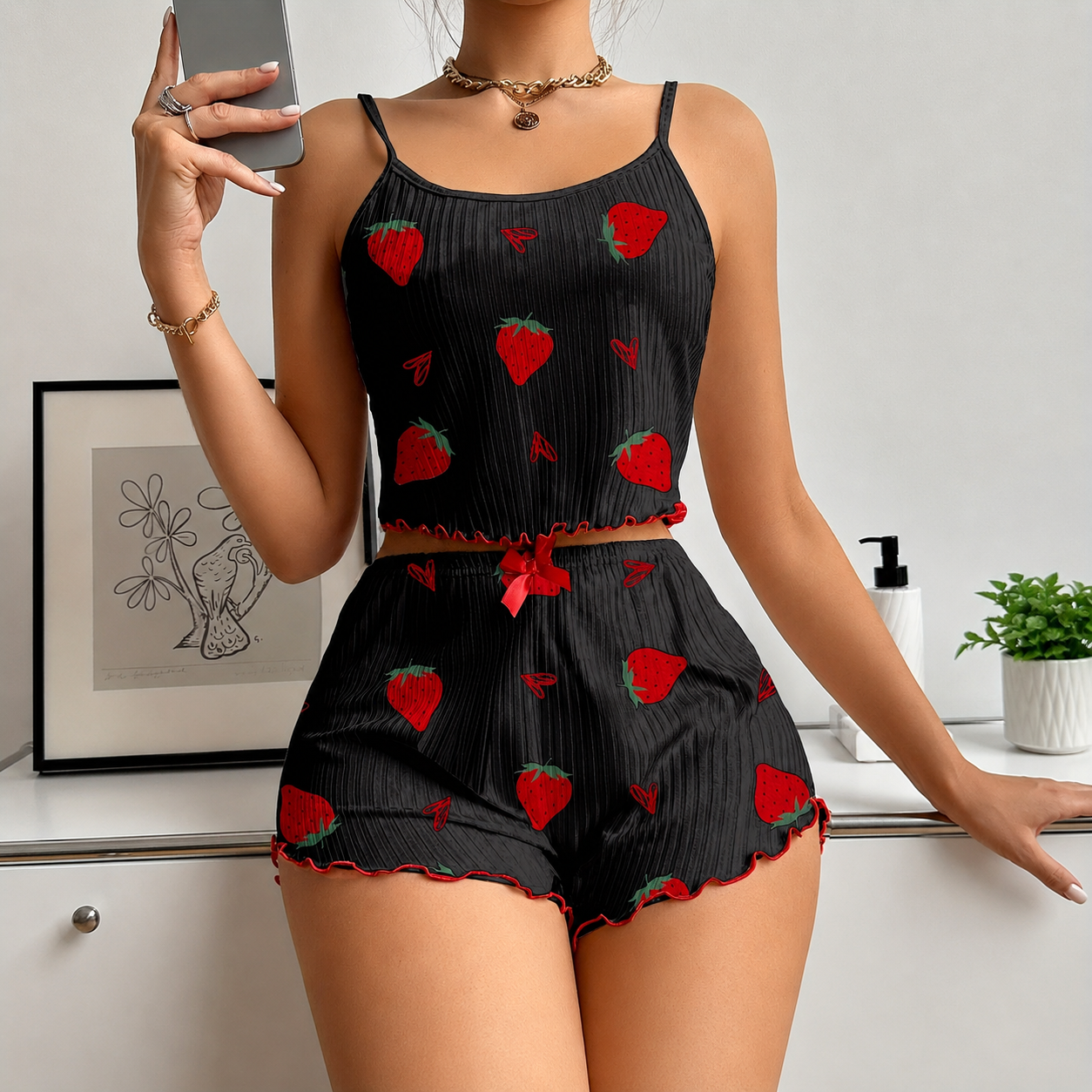 Strawberry Print Frill Trim 2 Pieces Crop Cami Top And Shorts Set For Women
