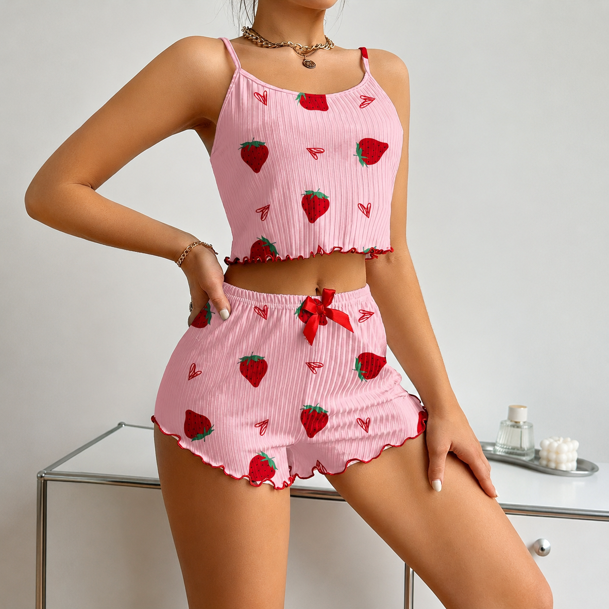 Strawberry Print Frill Trim 2 Pieces Crop Cami Top And Shorts Set For Women