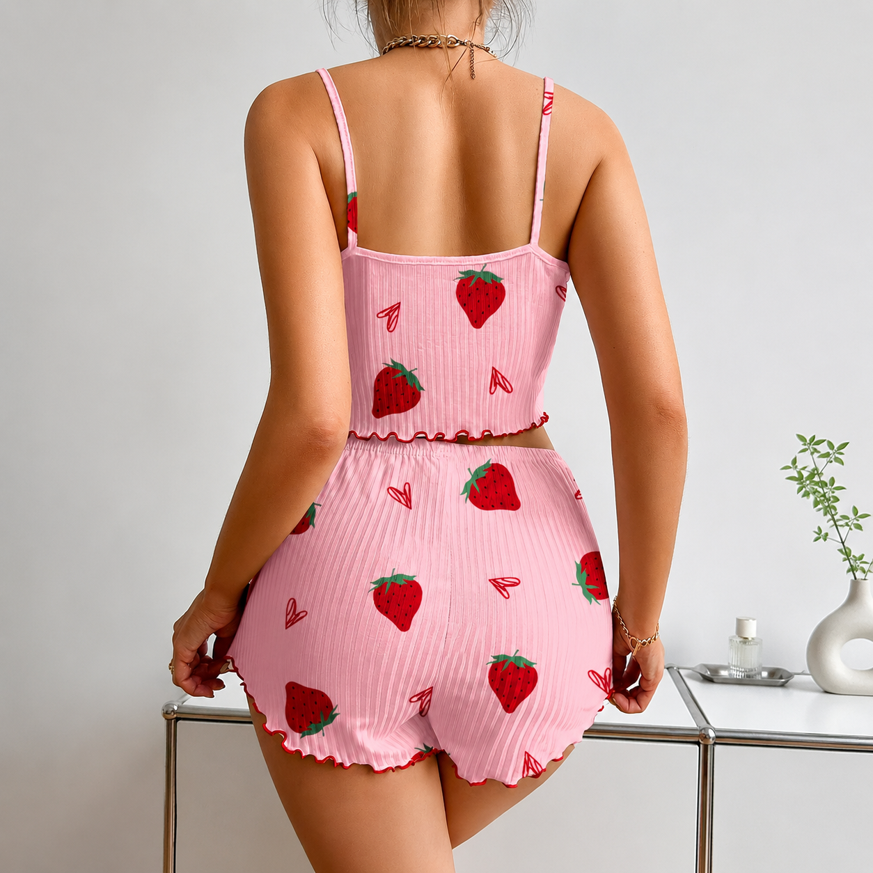 Strawberry Print Frill Trim 2 Pieces Crop Cami Top And Shorts Set For Women