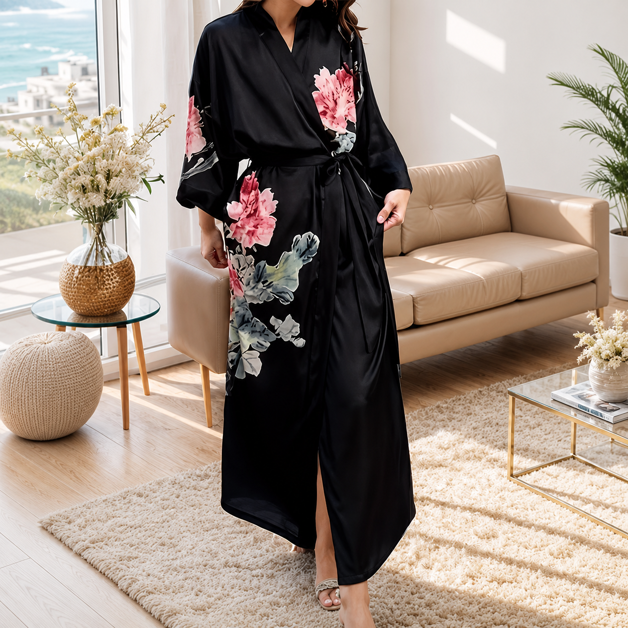 Flower Print Plus Size Loose Casual Robe For Women