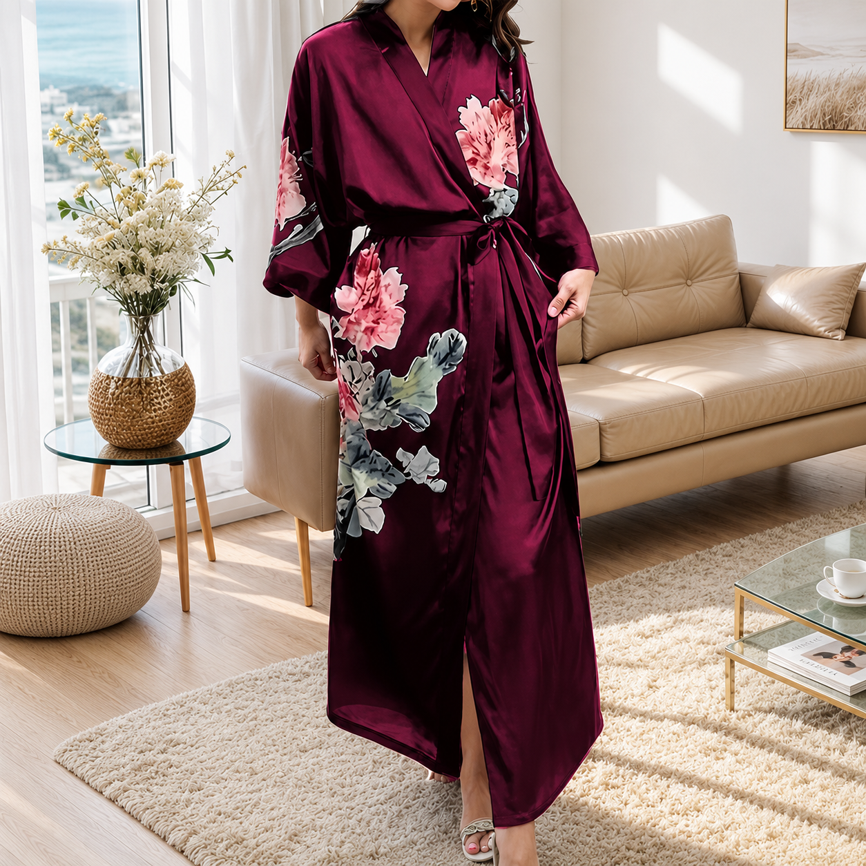 Flower Print Plus Size Loose Casual Robe For Women