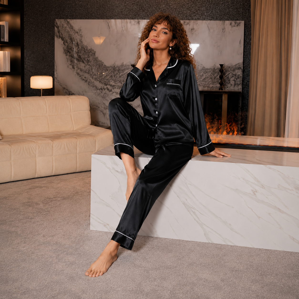 Comfy Long Sleeve Pocket Button Up Top And Elastic Waistband Pants Set For Women