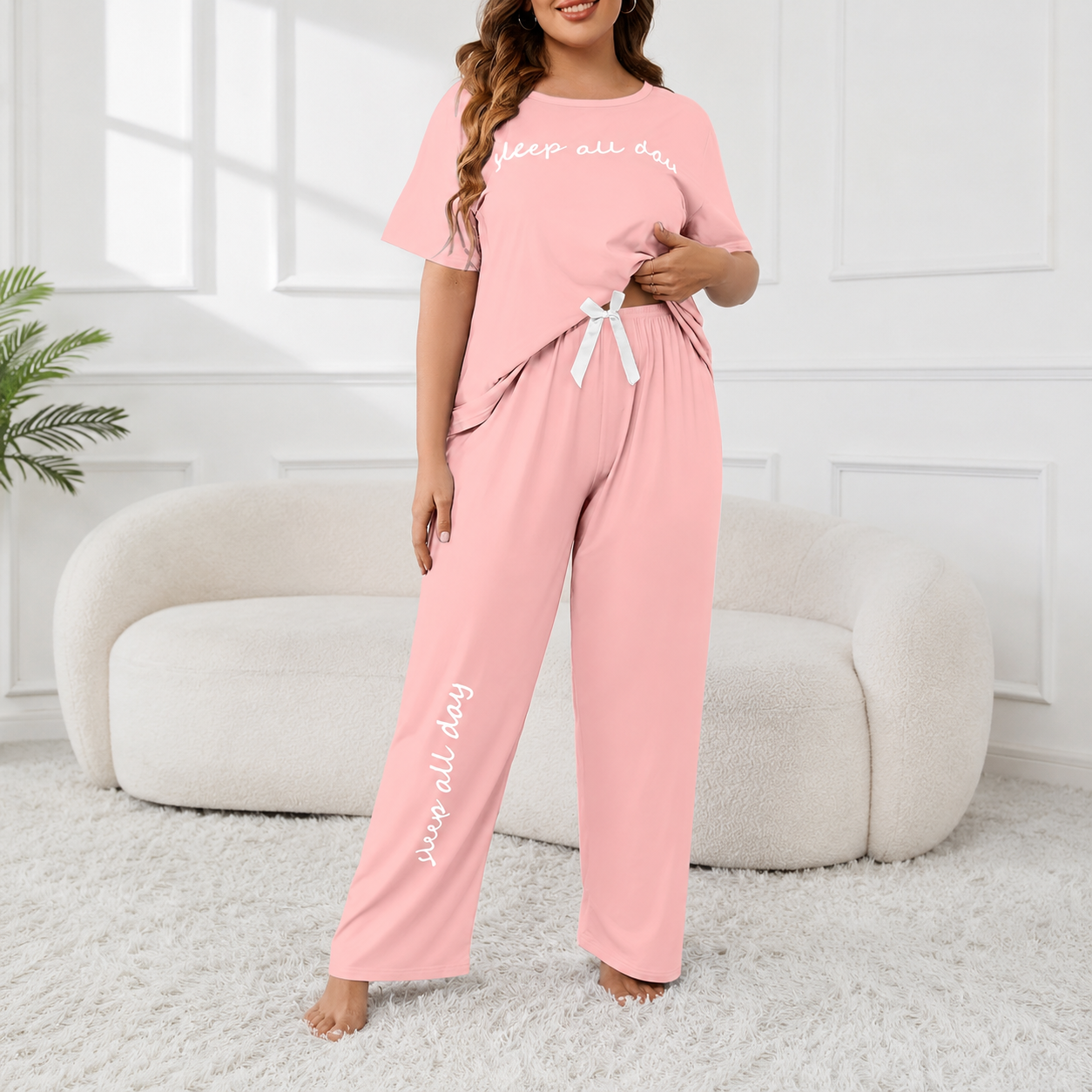 Plus Size Short Sleeve Top With Large Letter Prints And Casual Pants For Women   