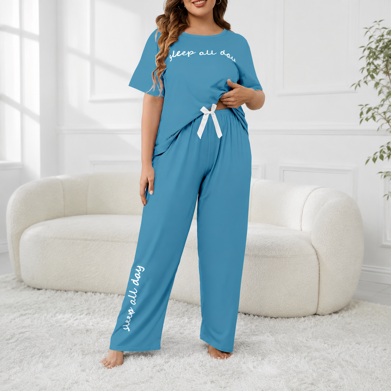 Plus Size Short Sleeve Top With Large Letter Prints And Casual Pants For Women   