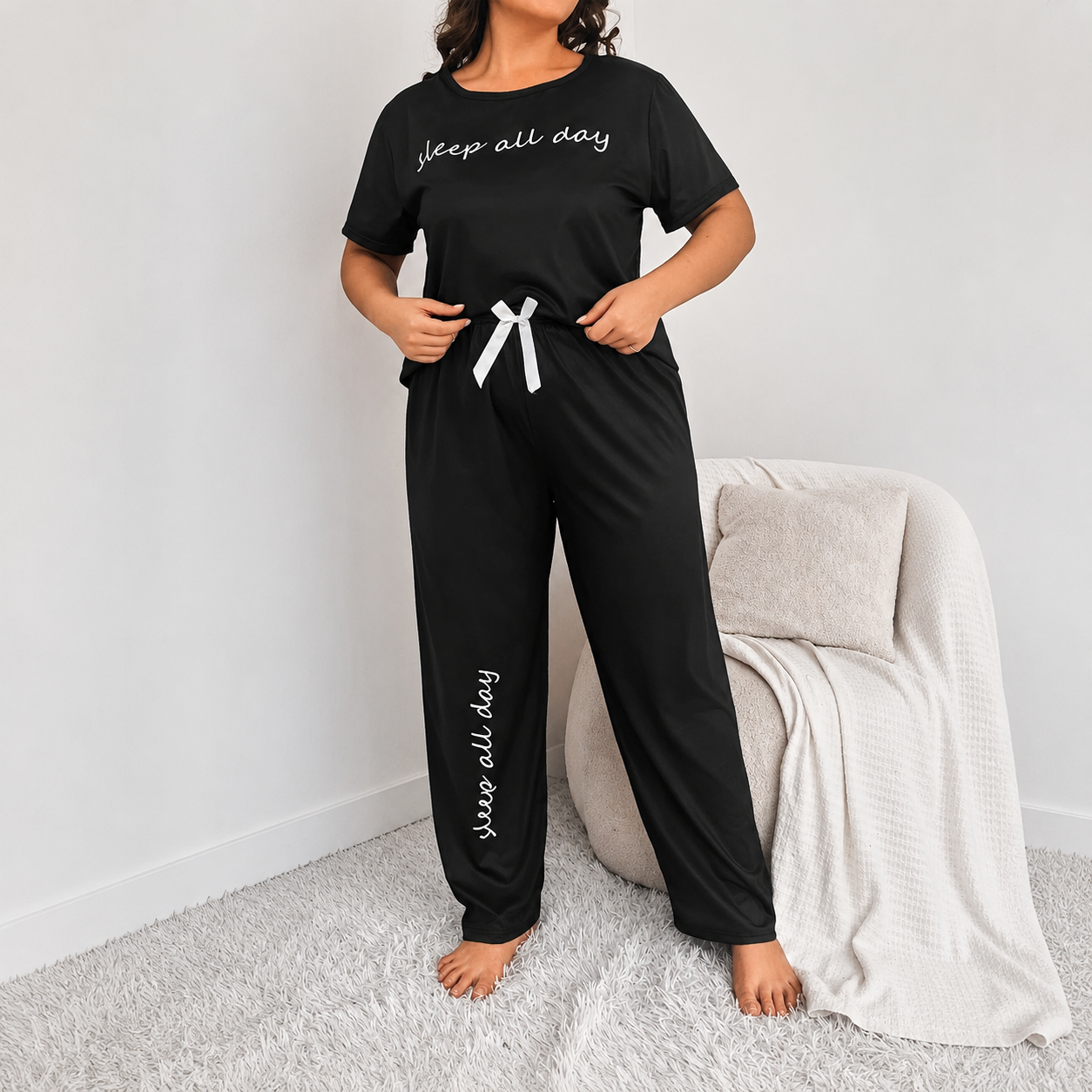 Plus Size Short Sleeve Top With Large Letter Prints And Casual Pants For Women   
