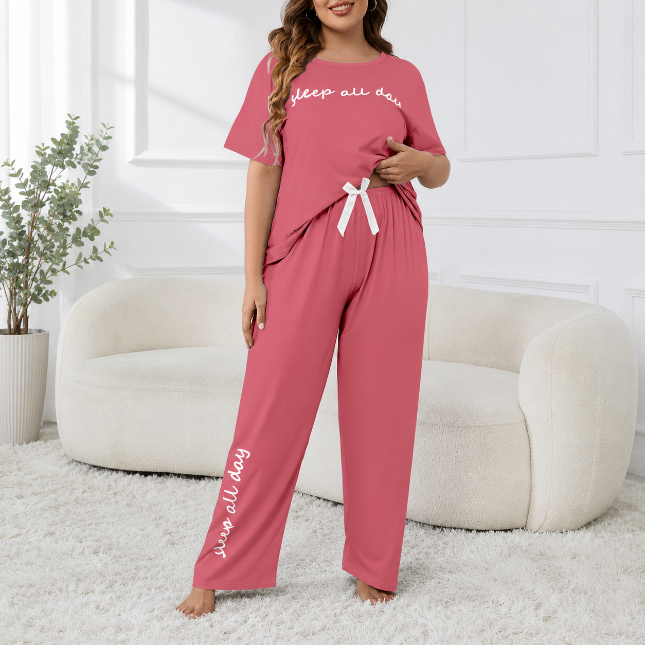 Plus Size Short Sleeve Top With Large Letter Prints And Casual Pants For Women   