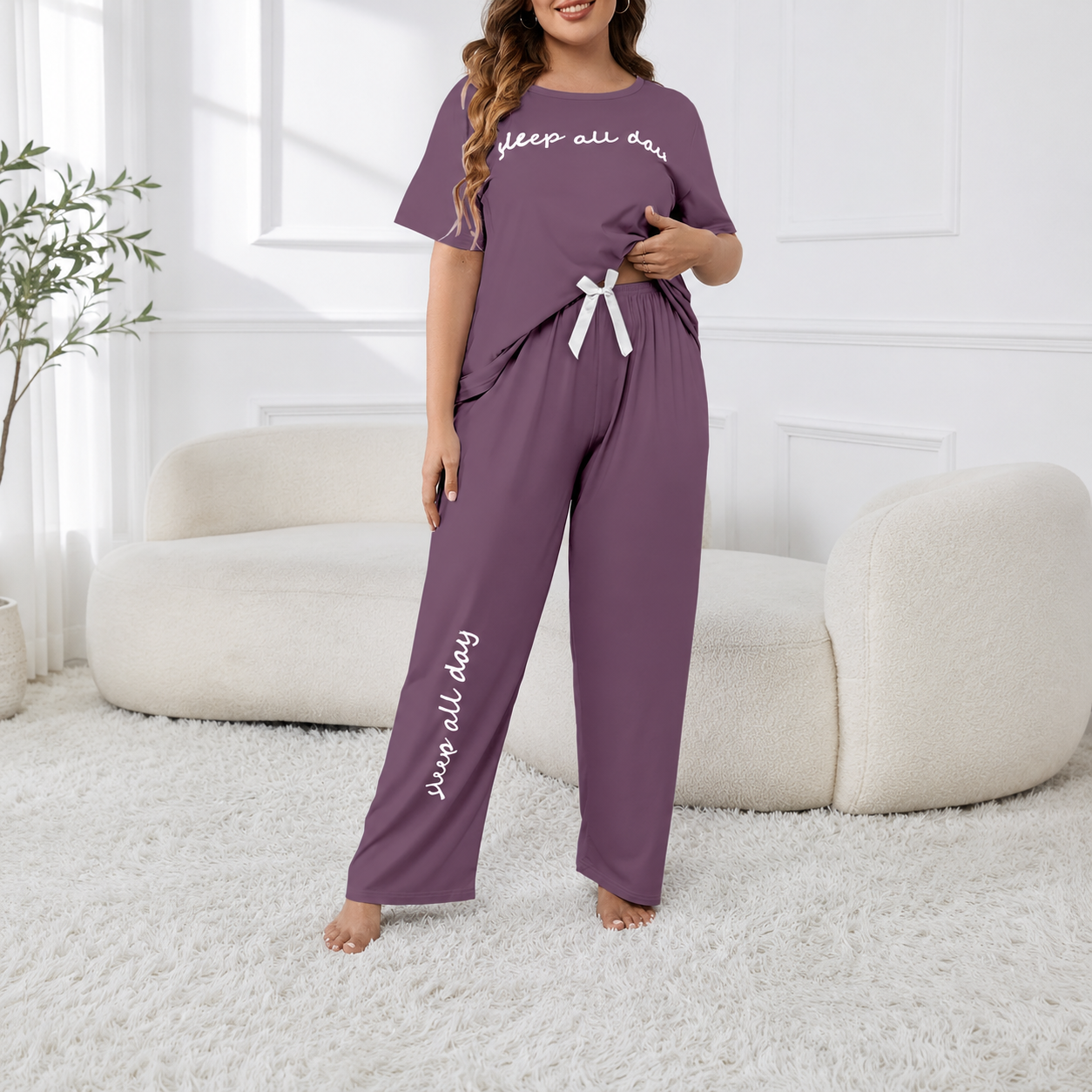 Plus Size Short Sleeve Top With Large Letter Prints And Casual Pants For Women   