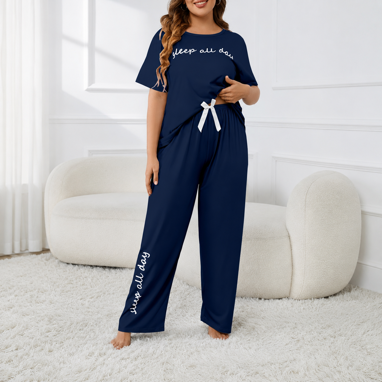 Plus Size Short Sleeve Top With Large Letter Prints And Casual Pants For Women   