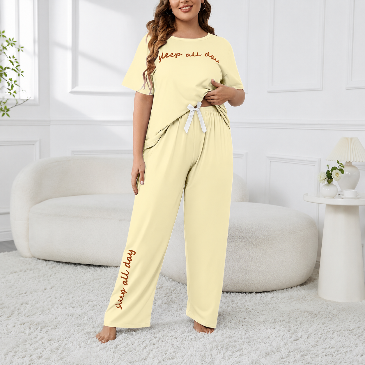 Plus Size Short Sleeve Top With Large Letter Prints And Casual Pants For Women   