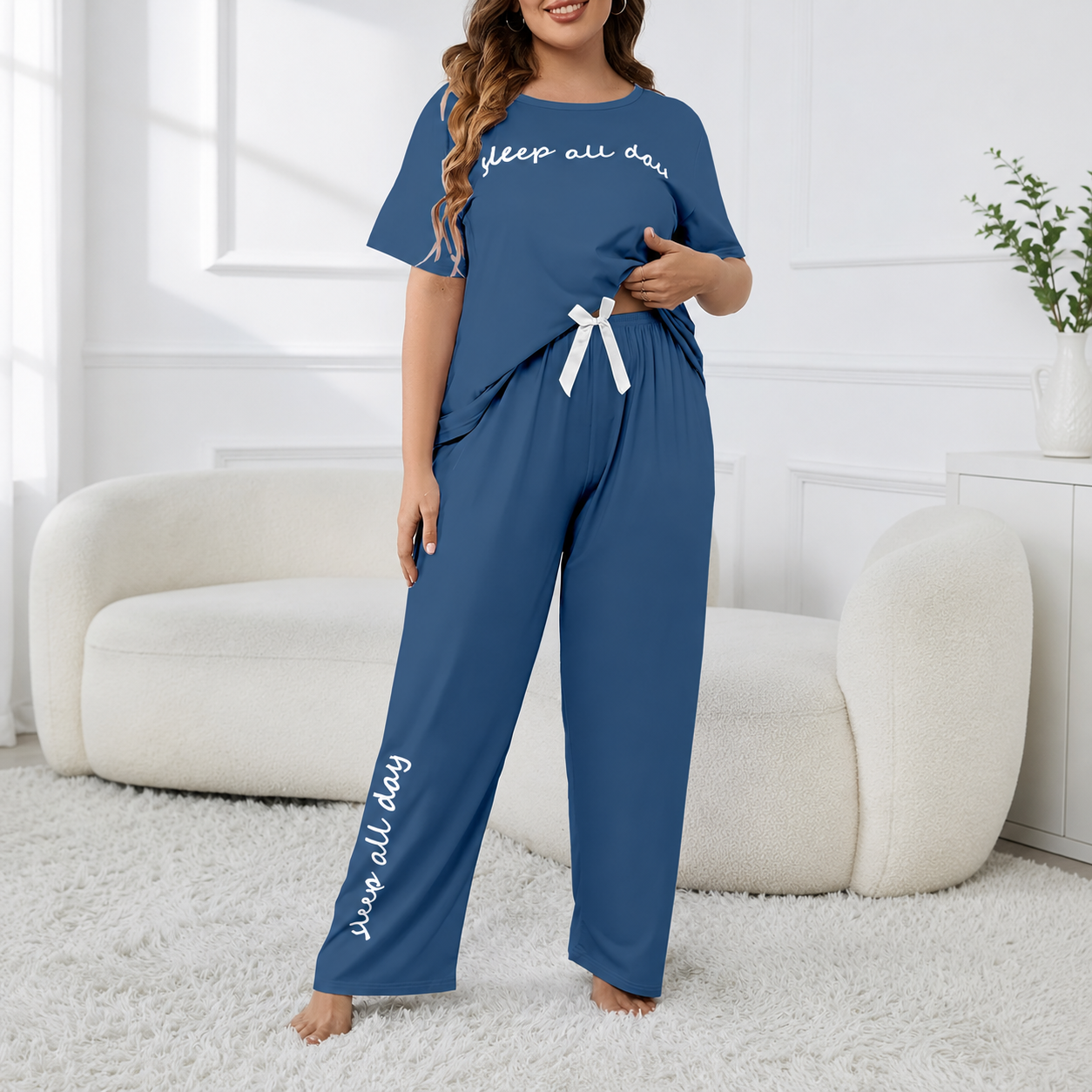 Plus Size Short Sleeve Top With Large Letter Prints And Casual Pants For Women   