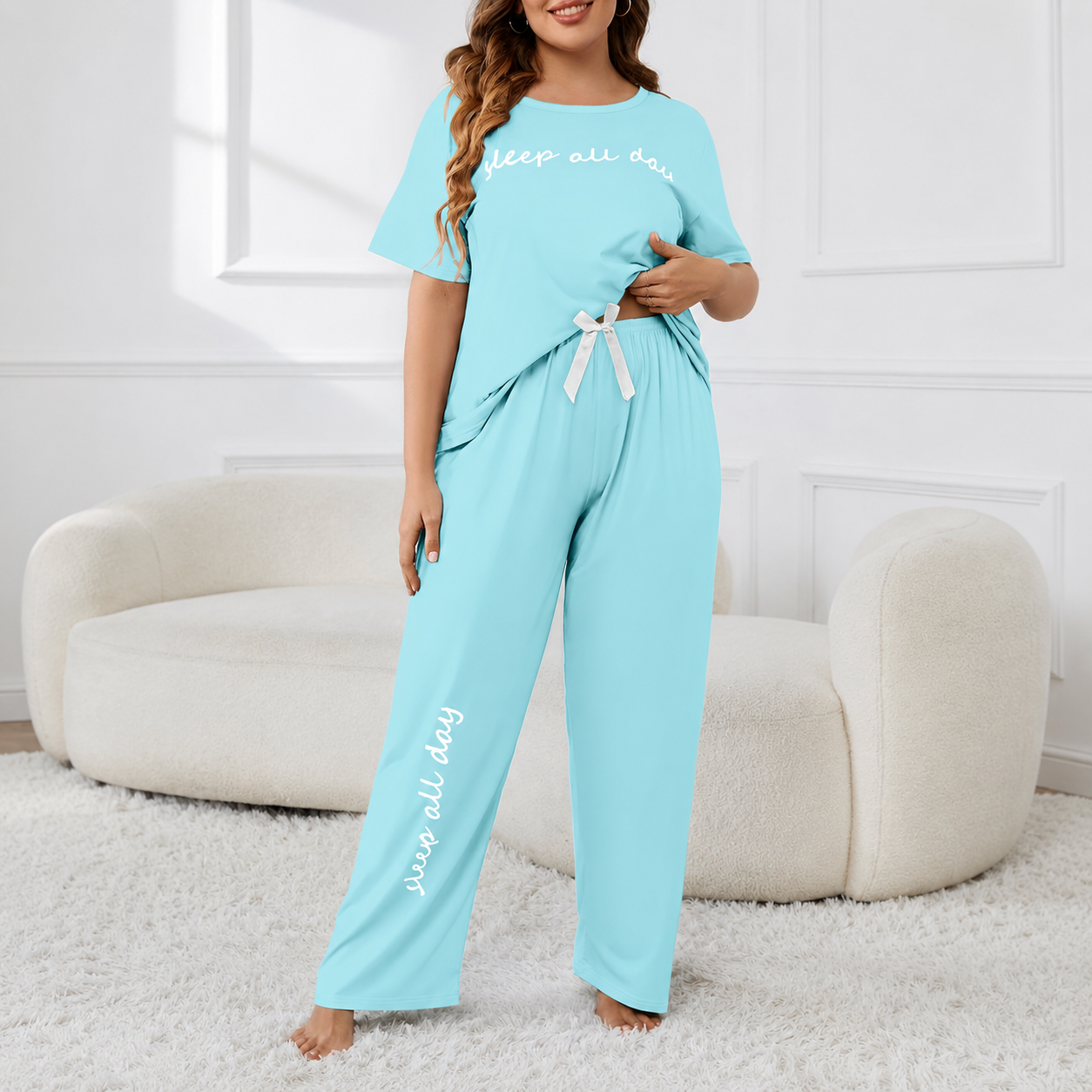 Plus Size Short Sleeve Top With Large Letter Prints And Casual Pants For Women   
