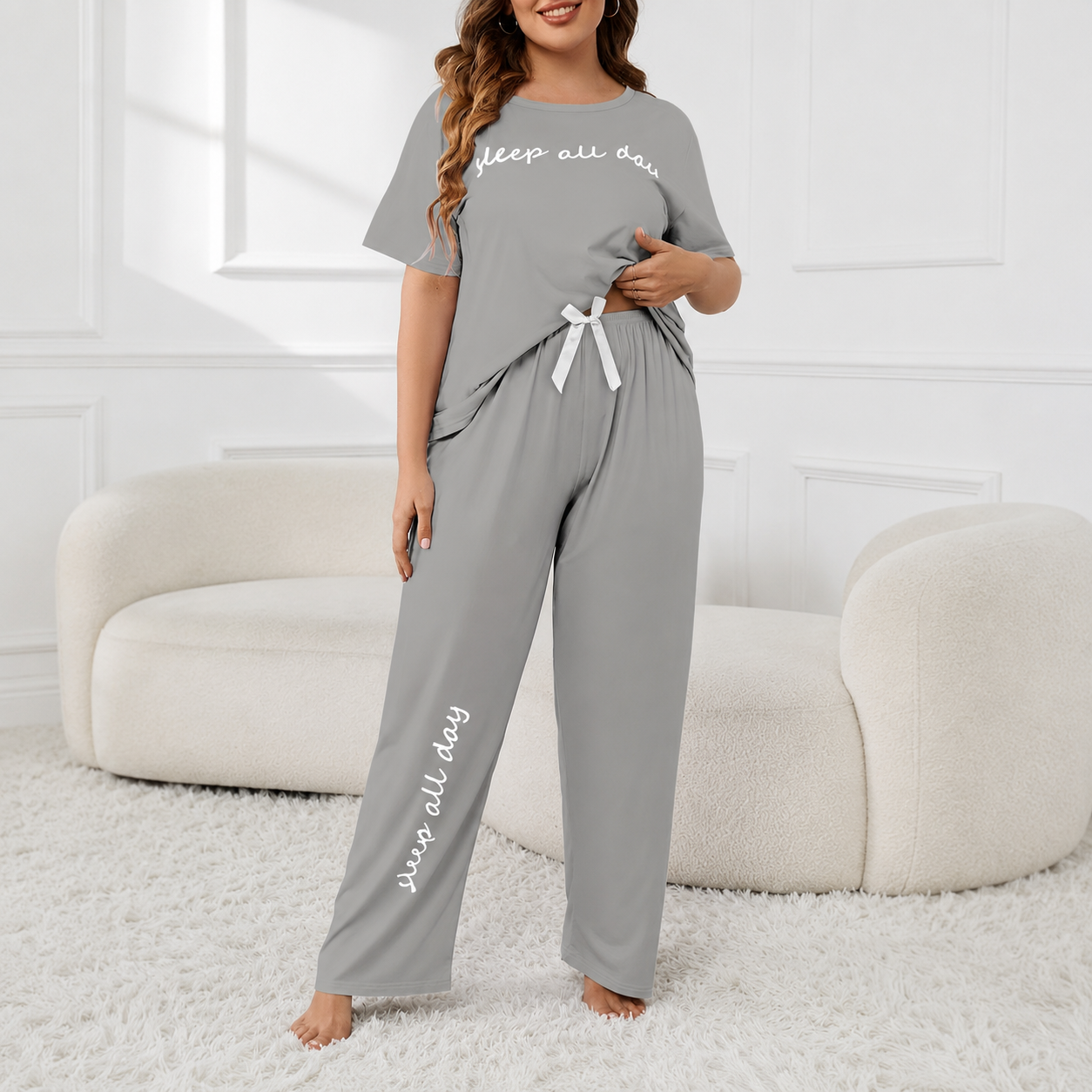 Plus Size Short Sleeve Top With Large Letter Prints And Casual Pants For Women   