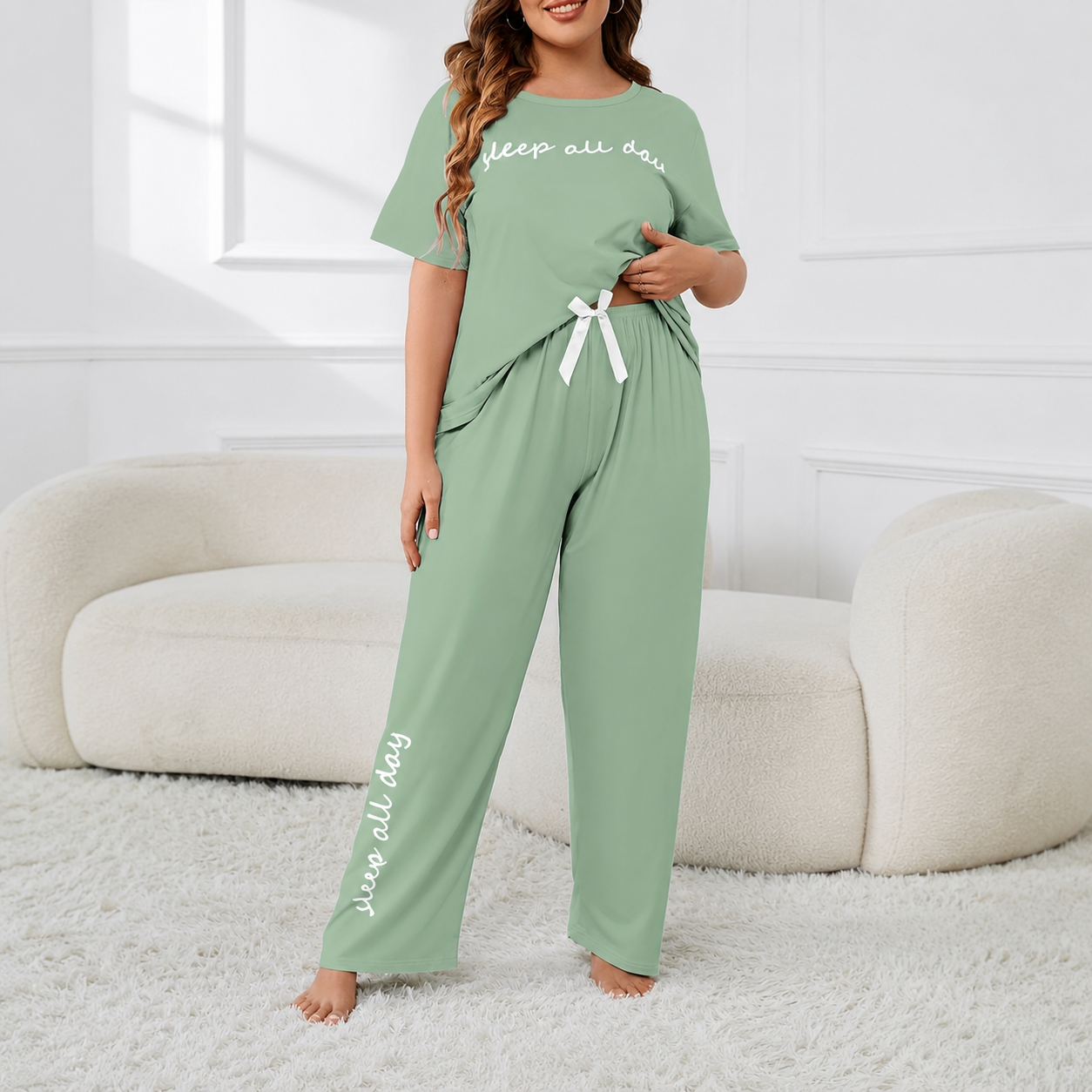 Plus Size Short Sleeve Top With Large Letter Prints And Casual Pants For Women   