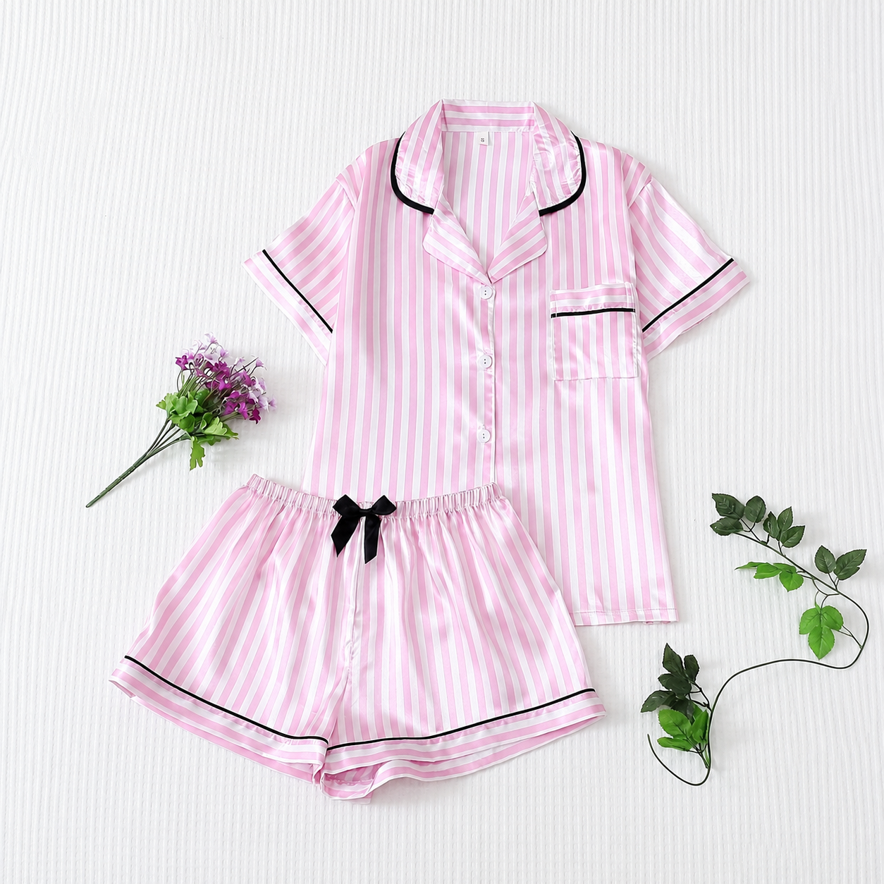 Striped Short Sleeve Top And Bow Knot Shorts Set