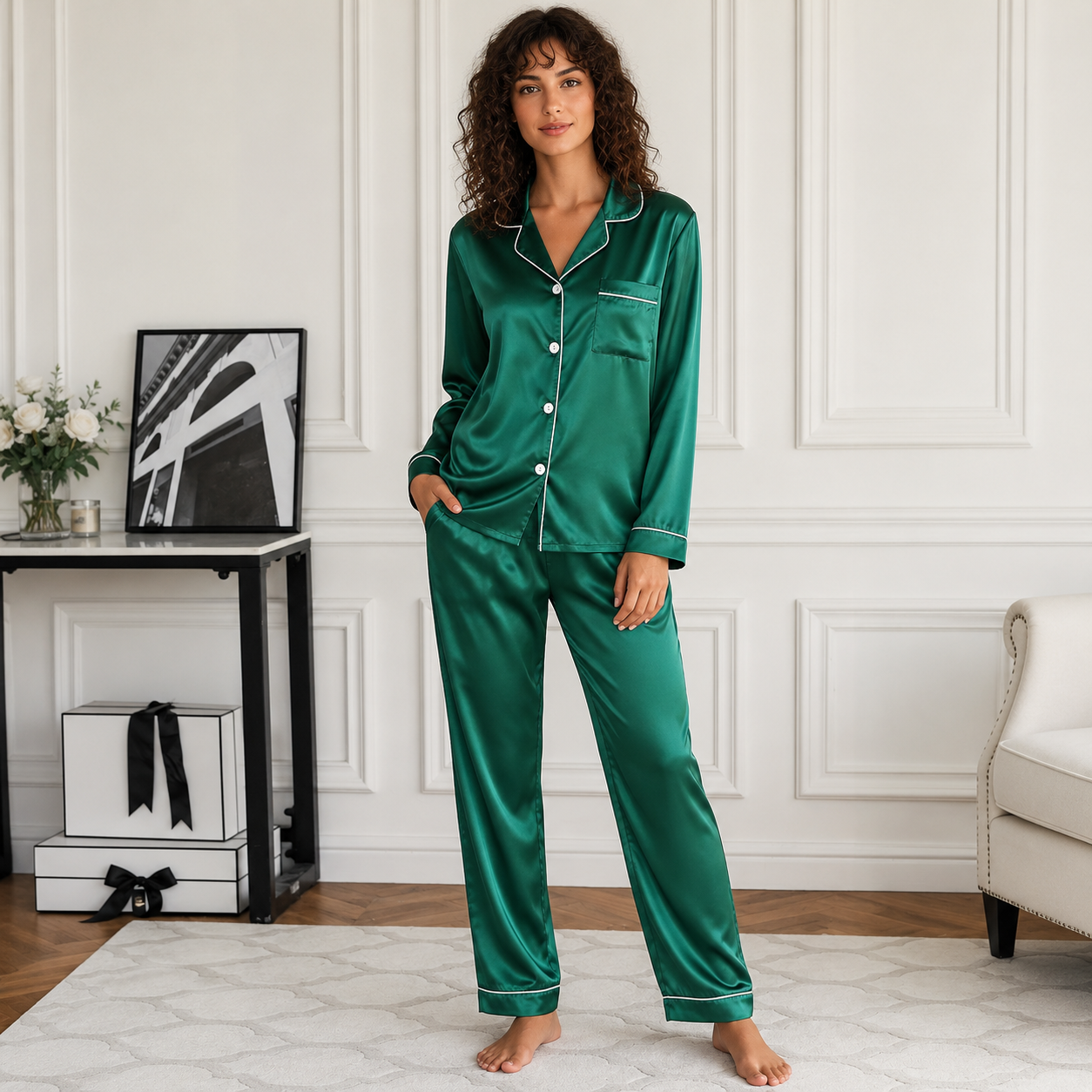 Solid Long Sleeve Button Up Lapel Top And Pants Women Sleepwear Set