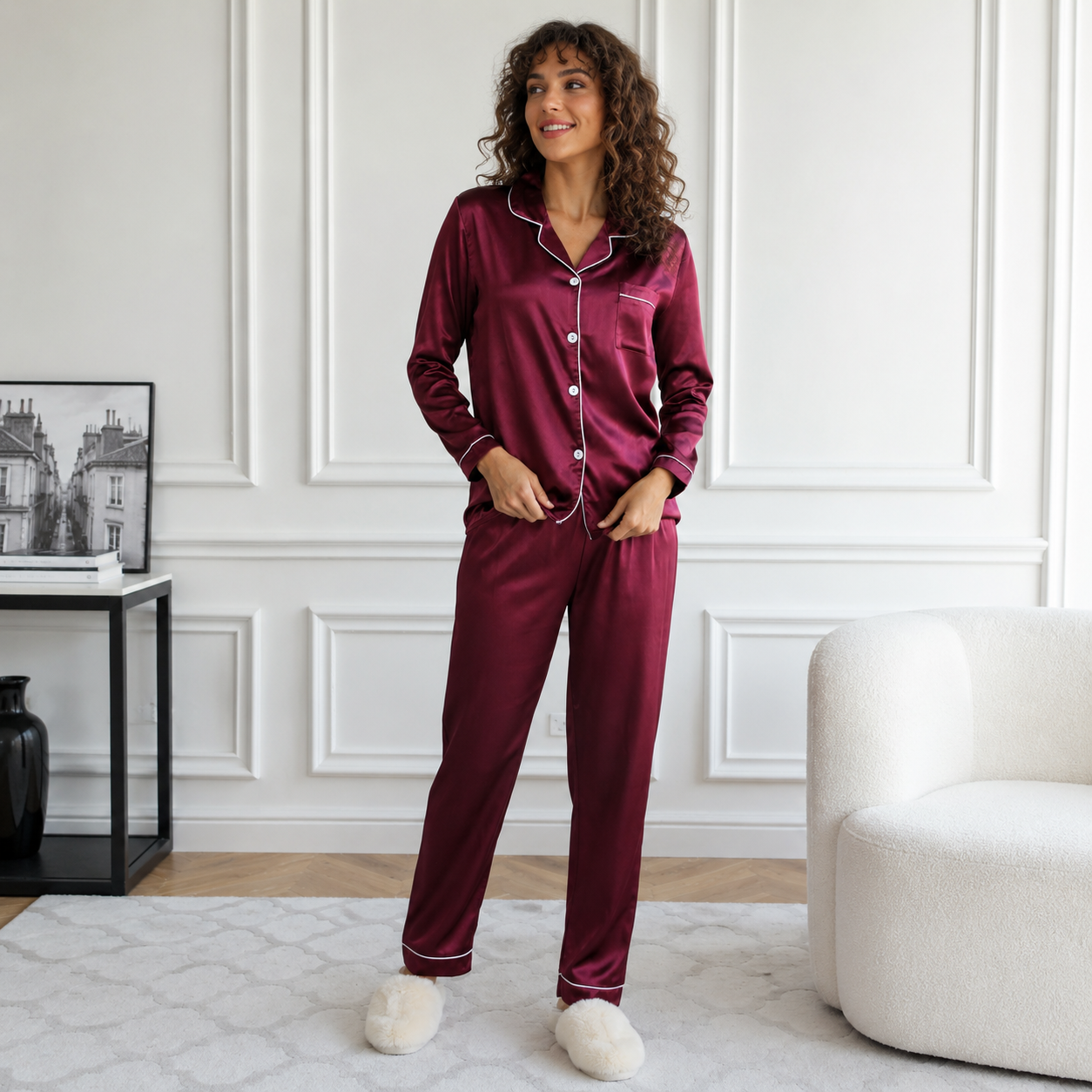 Solid Long Sleeve Button Up Lapel Top And Pants Women Sleepwear Set