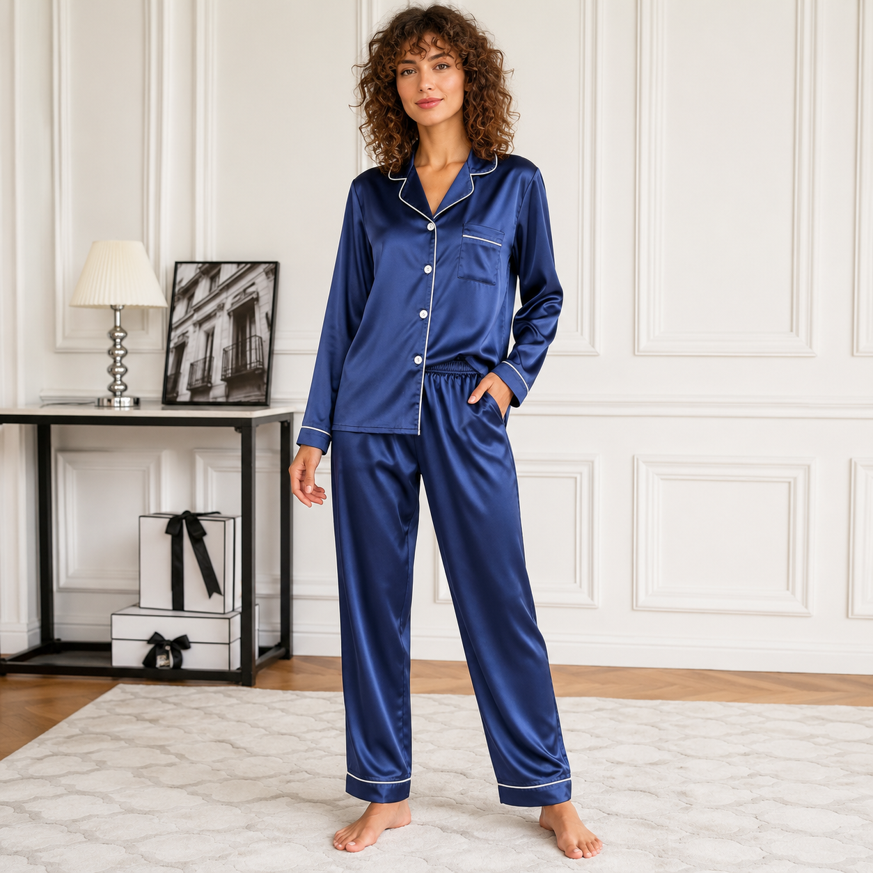 Solid Long Sleeve Button Up Lapel Top And Pants Women Sleepwear Set