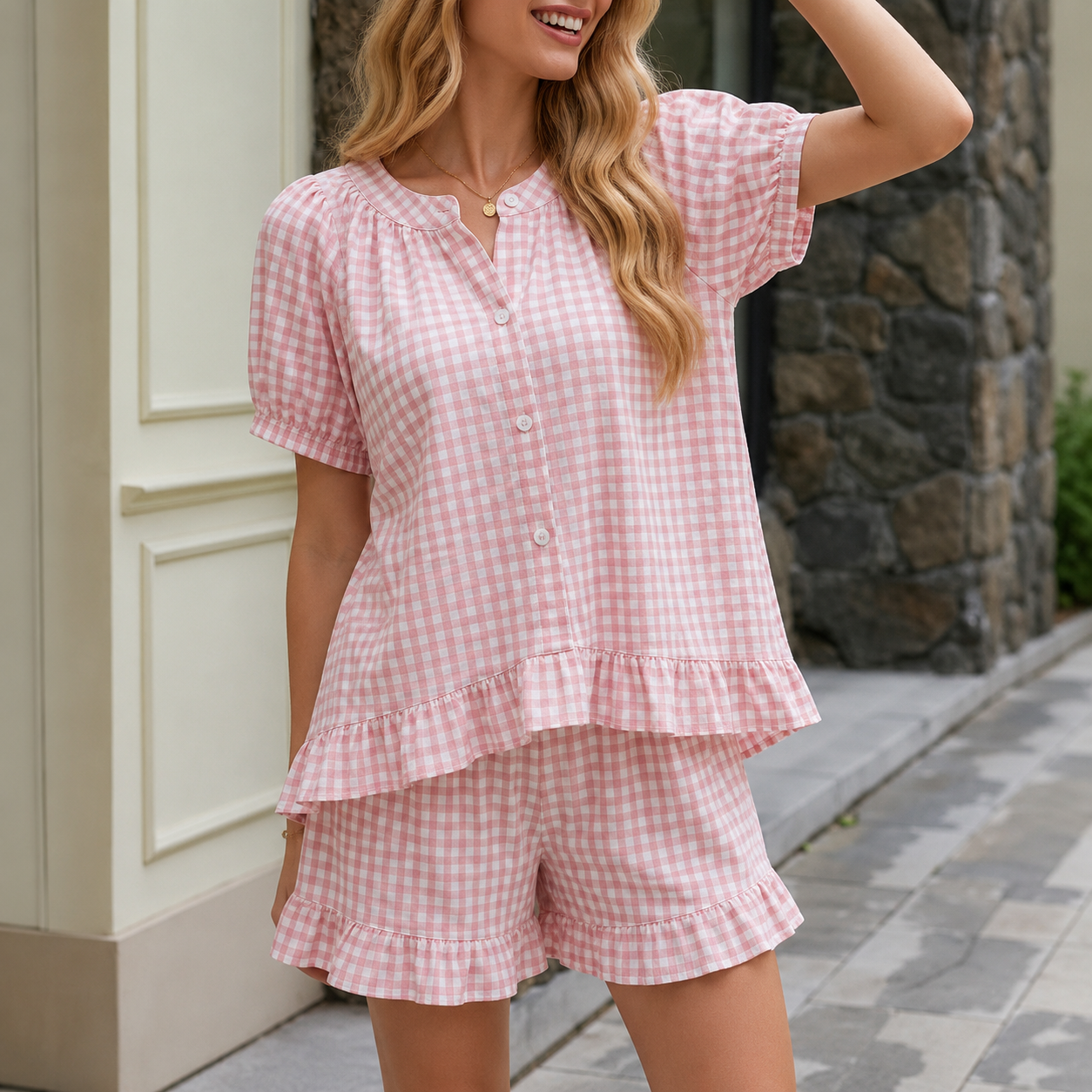 Ruffle Shirt And Plaid Shorts Two Piece Gingham Outfit Set