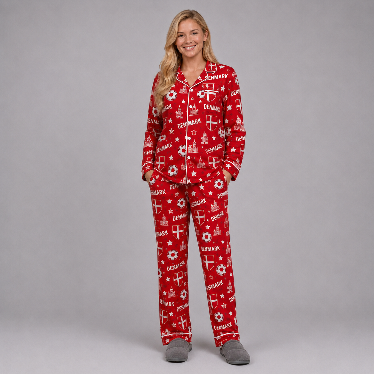 World Cup 2026 Denmark Football Themed All Over Printed Matching Pajama Set