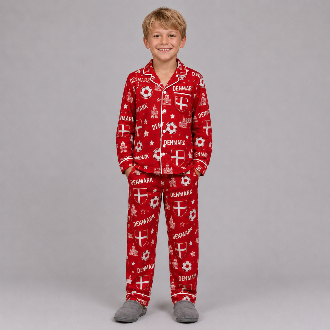 World Cup 2026 Denmark Football Themed All Over Printed Matching Pajama Set