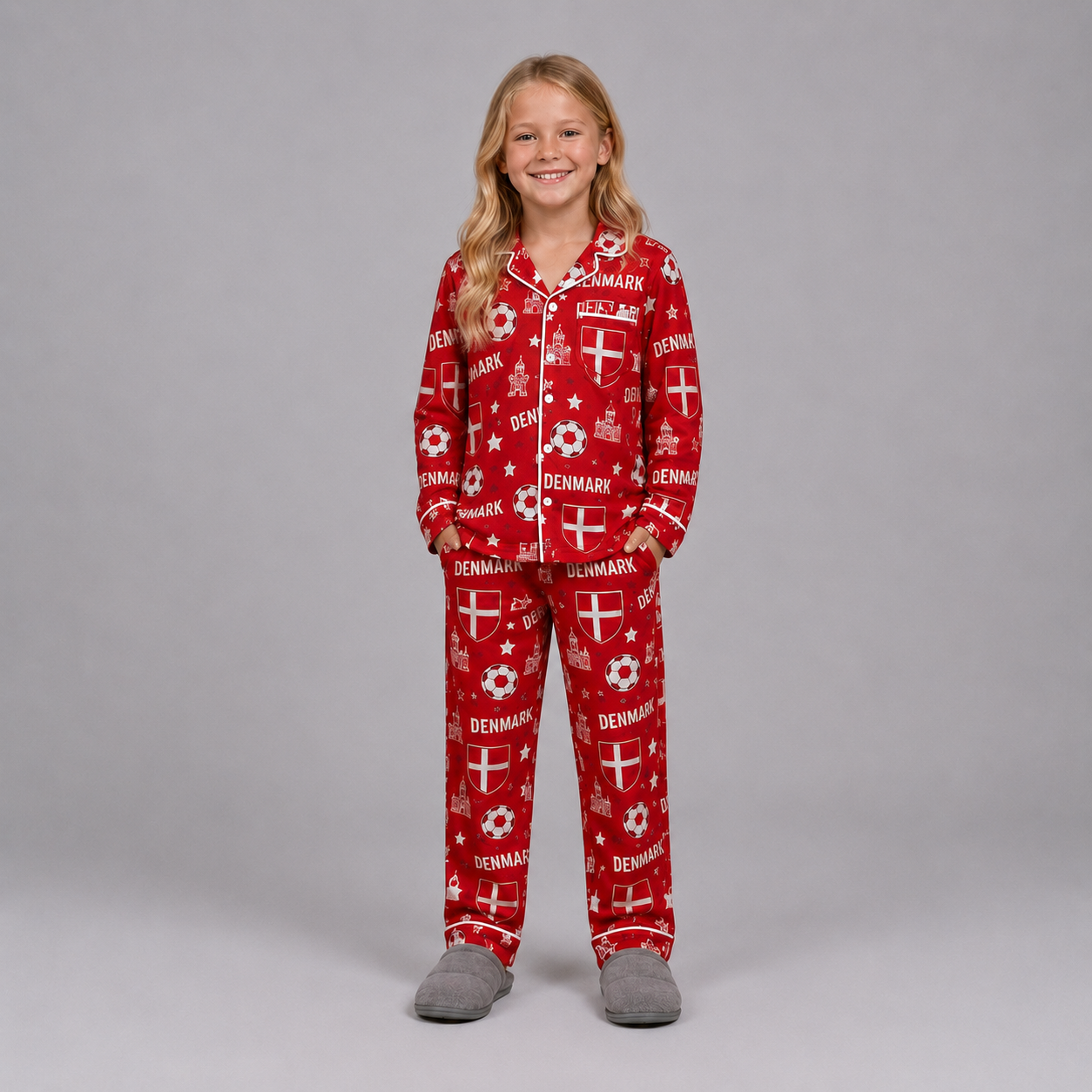 World Cup 2026 Denmark Football Themed All Over Printed Matching Pajama Set