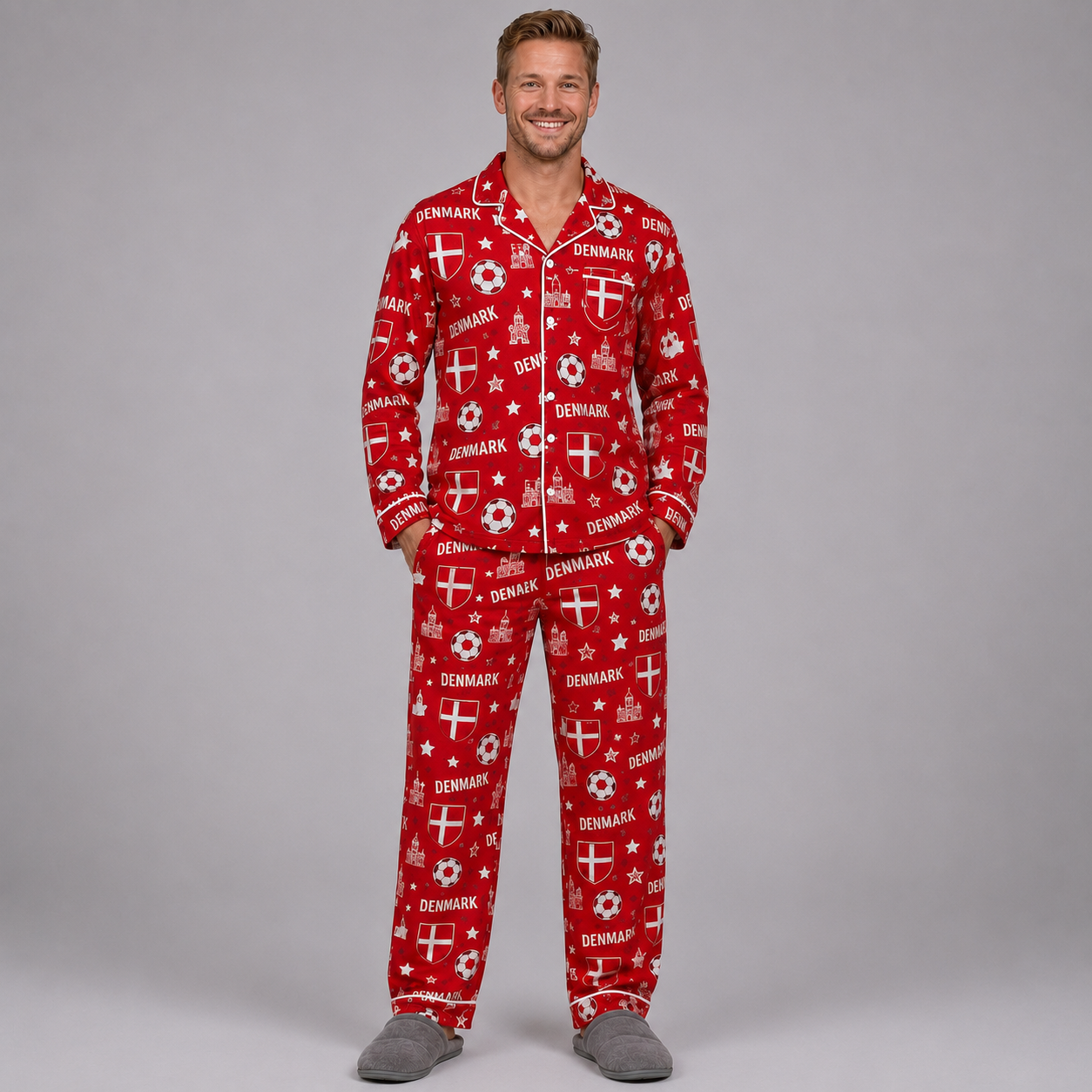 World Cup 2026 Denmark Football Themed All Over Printed Matching Pajama Set