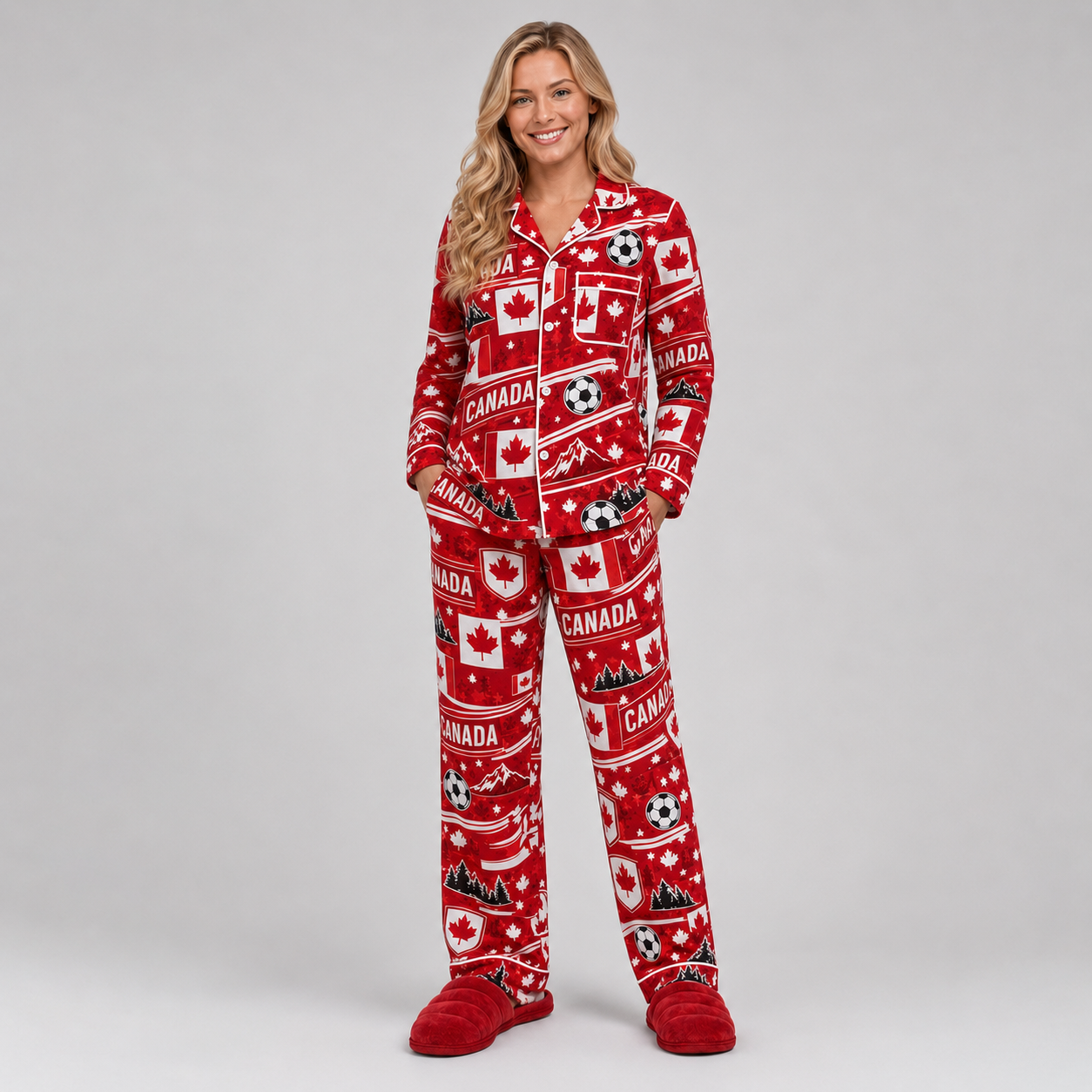 World Cup 2026 Canada Football Themed All Over Printed Matching Pajama Set