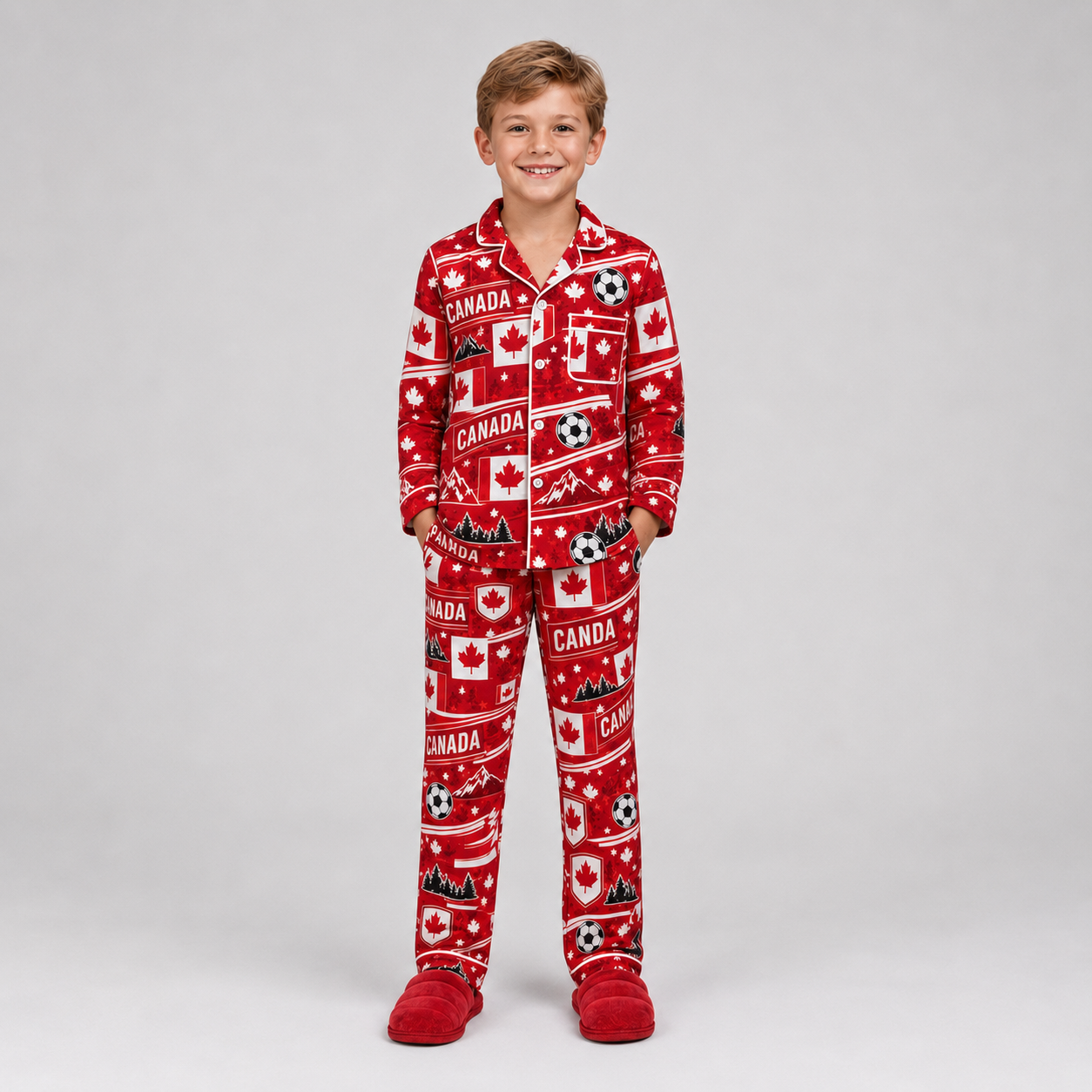 World Cup 2026 Canada Football Themed All Over Printed Matching Pajama Set