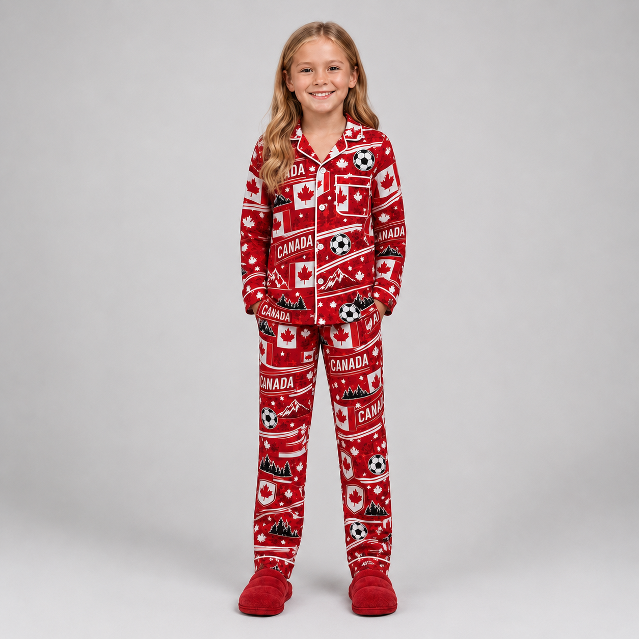 World Cup 2026 Canada Football Themed All Over Printed Matching Pajama Set