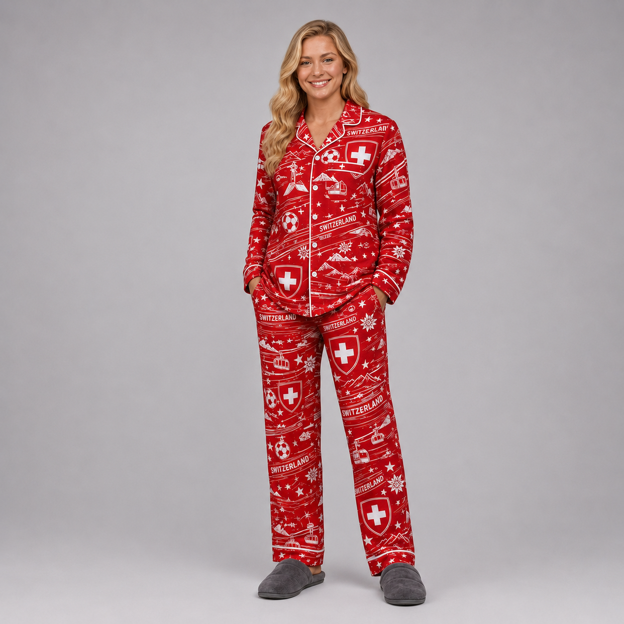 World Cup 2026 Switzerland Football Themed All Over Printed Matching Pajama Set