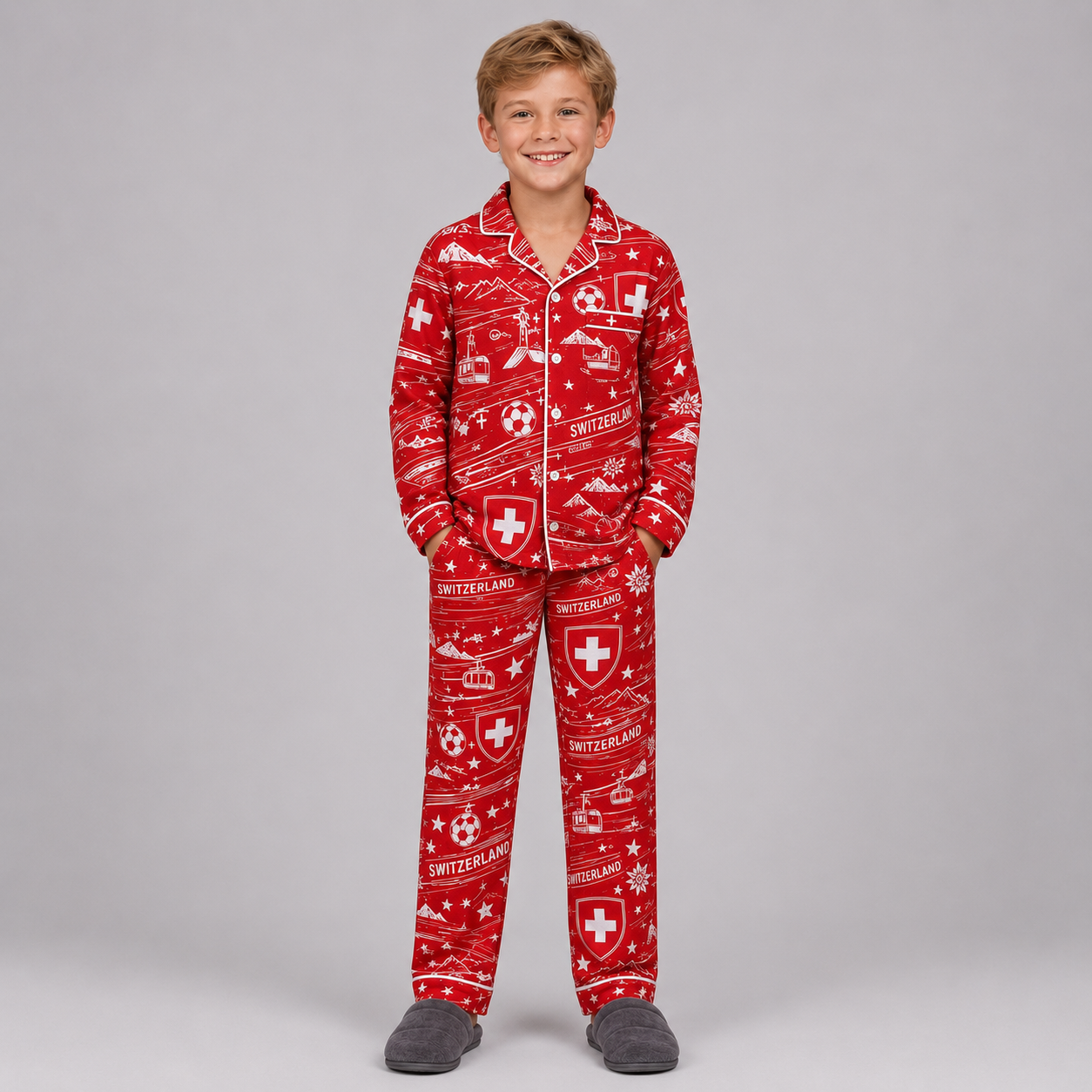 World Cup 2026 Switzerland Football Themed All Over Printed Matching Pajama Set