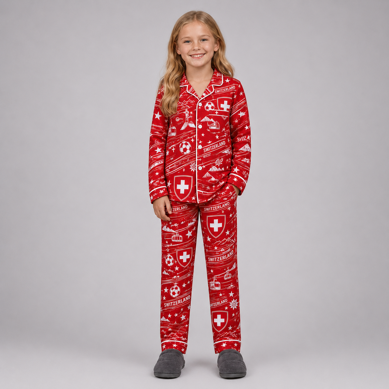World Cup 2026 Switzerland Football Themed All Over Printed Matching Pajama Set
