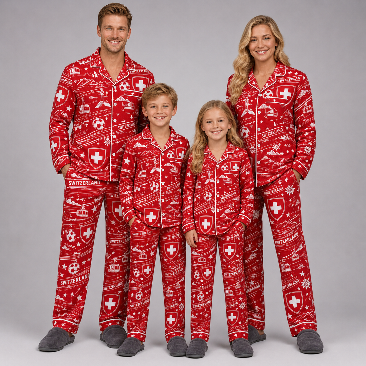 World Cup 2026 Switzerland Football Themed All Over Printed Matching Pajama Set