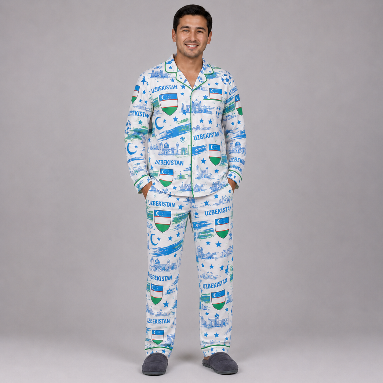 World Cup 2026 Uzbekistan Football Themed All Over Printed Matching Pajama Set