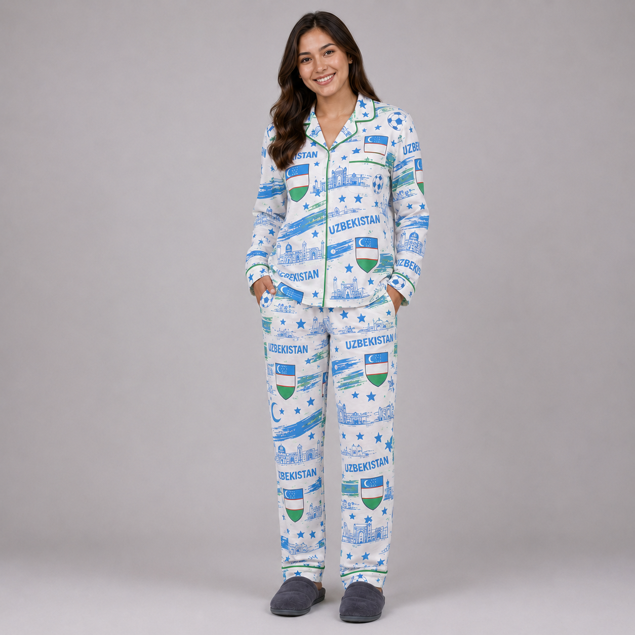 World Cup 2026 Uzbekistan Football Themed All Over Printed Matching Pajama Set