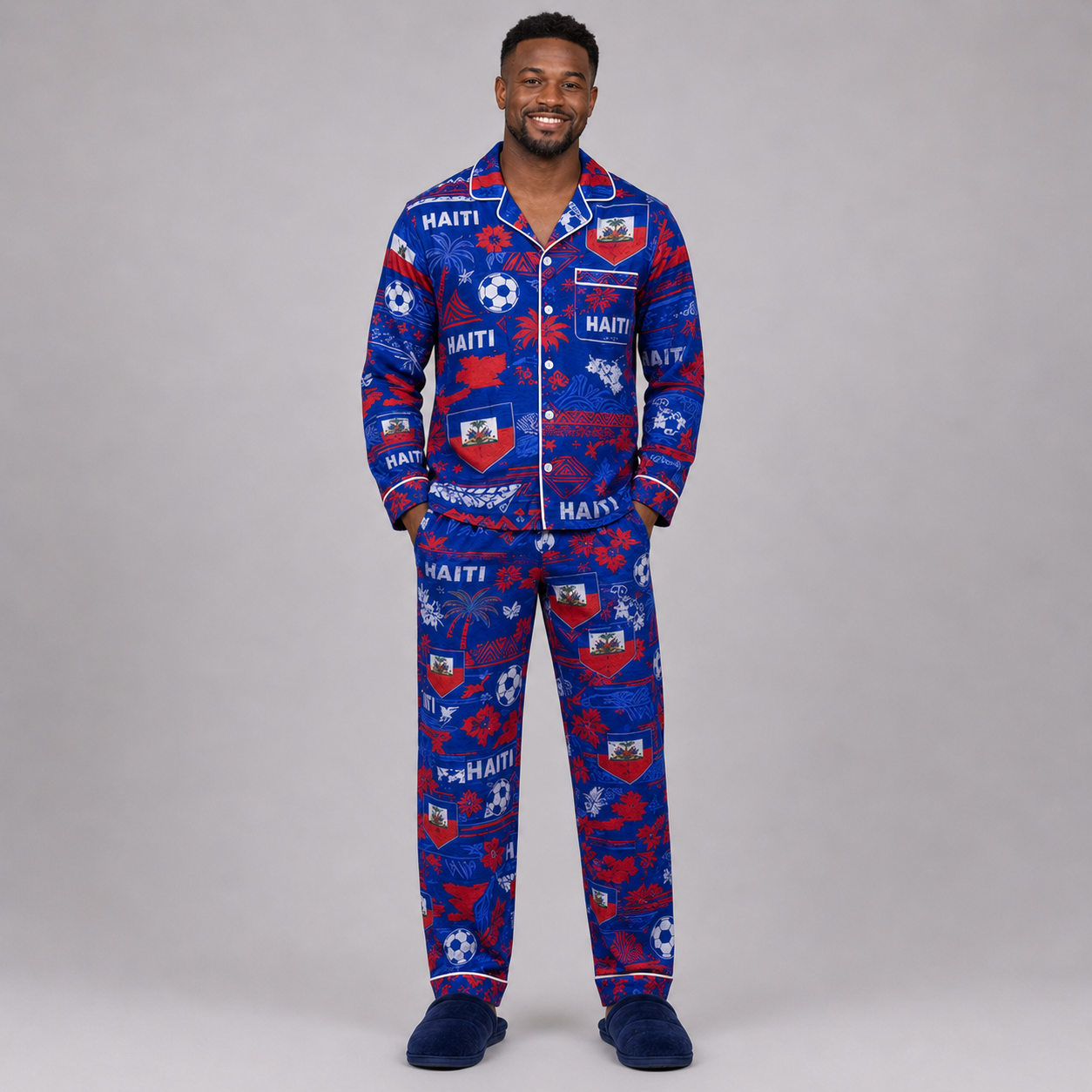 World Cup 2026 Haiti Football Themed All Over Printed Matching Pajama Set
