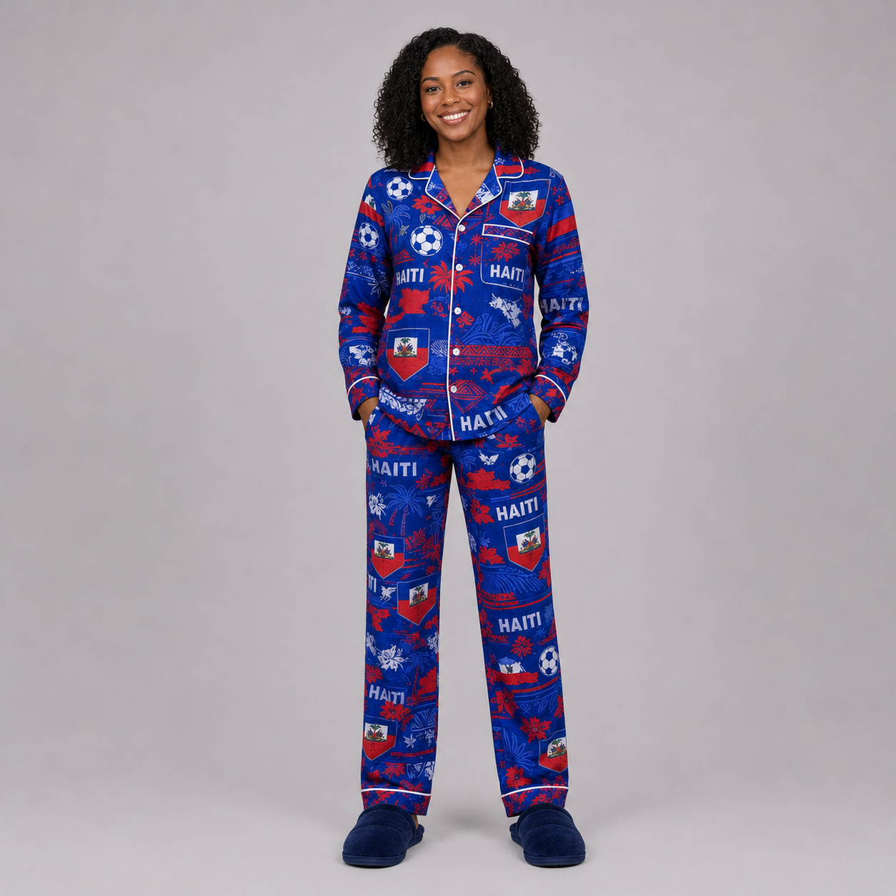 World Cup 2026 Haiti Football Themed All Over Printed Matching Pajama Set