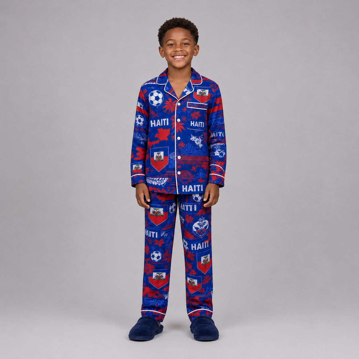 World Cup 2026 Haiti Football Themed All Over Printed Matching Pajama Set