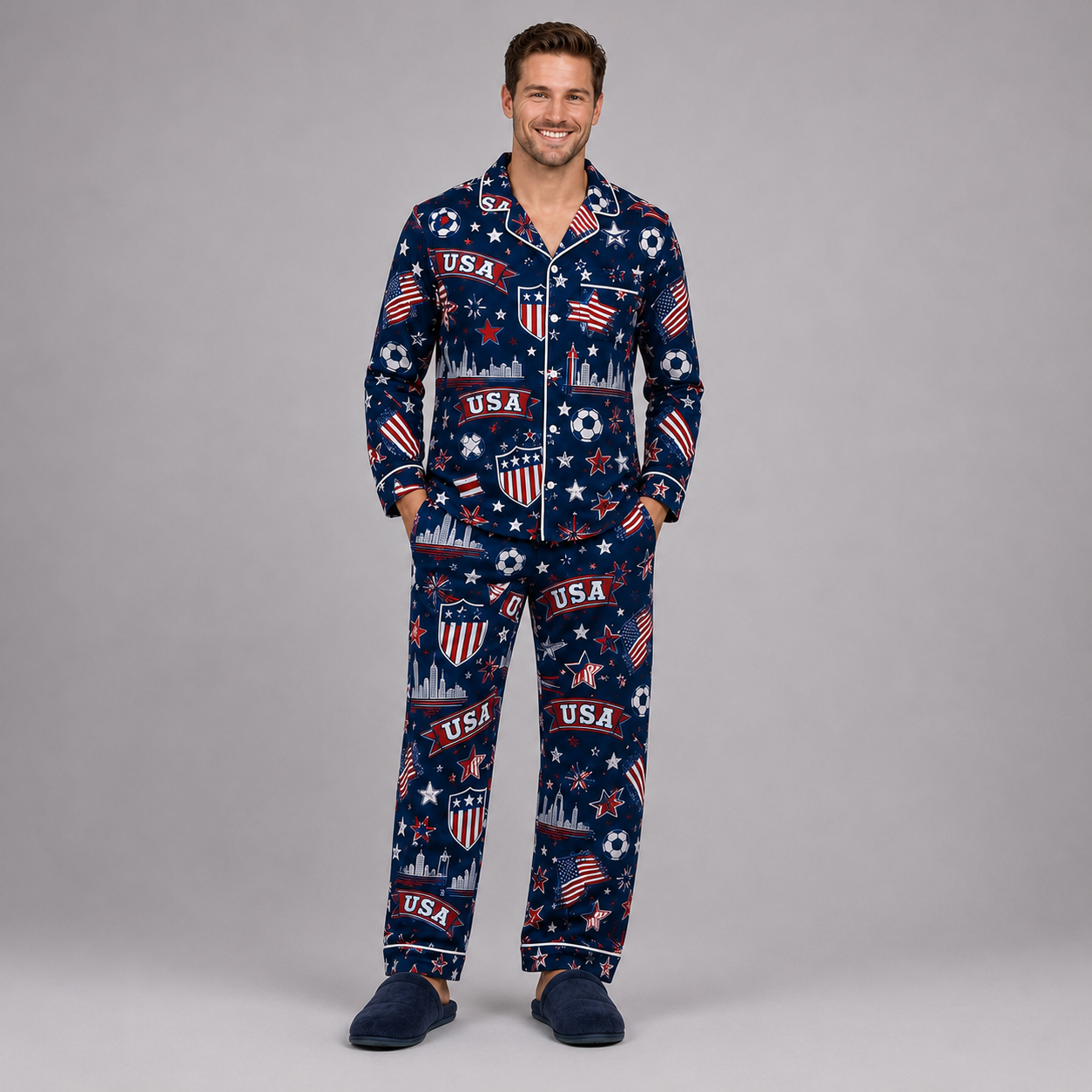 World Cup 2026 United States Football Themed All Over Printed Matching Pajama Set