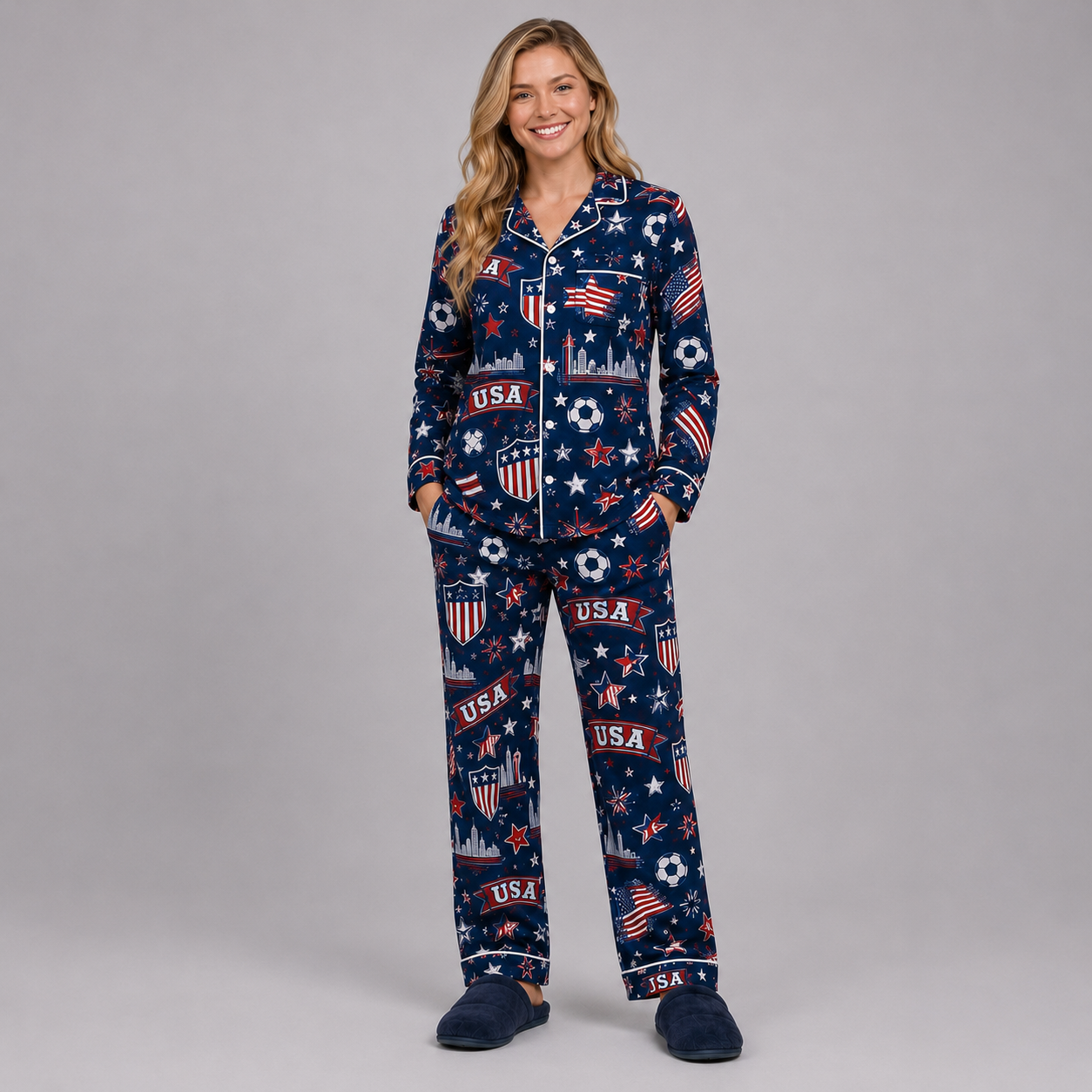World Cup 2026 United States Football Themed All Over Printed Matching Pajama Set
